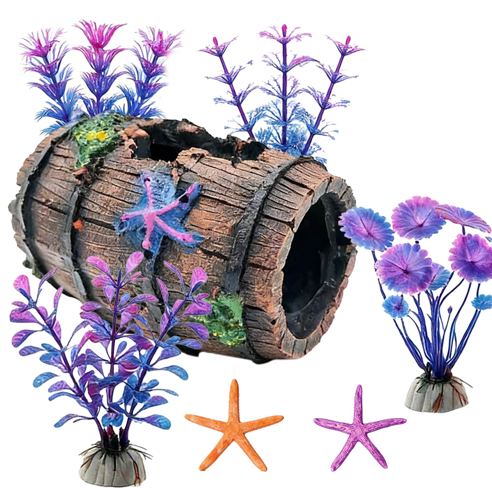 Evewind Colorful Fish Tank Decorations Aquarium Ornament Set, Broken Barrel Cave Hideout With 4 Plastic Plants, 2 Artificial Starfish, Betta Fish Tank Accessories
