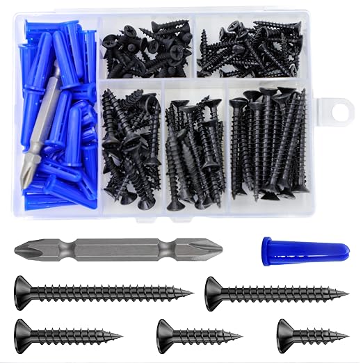 Wensilon Kit de Tornillos de Madera Negros con Cabeza Plana Autoperforantes y Anclajes de Plástico para Yeso, 150 Piezas miniatura 6
