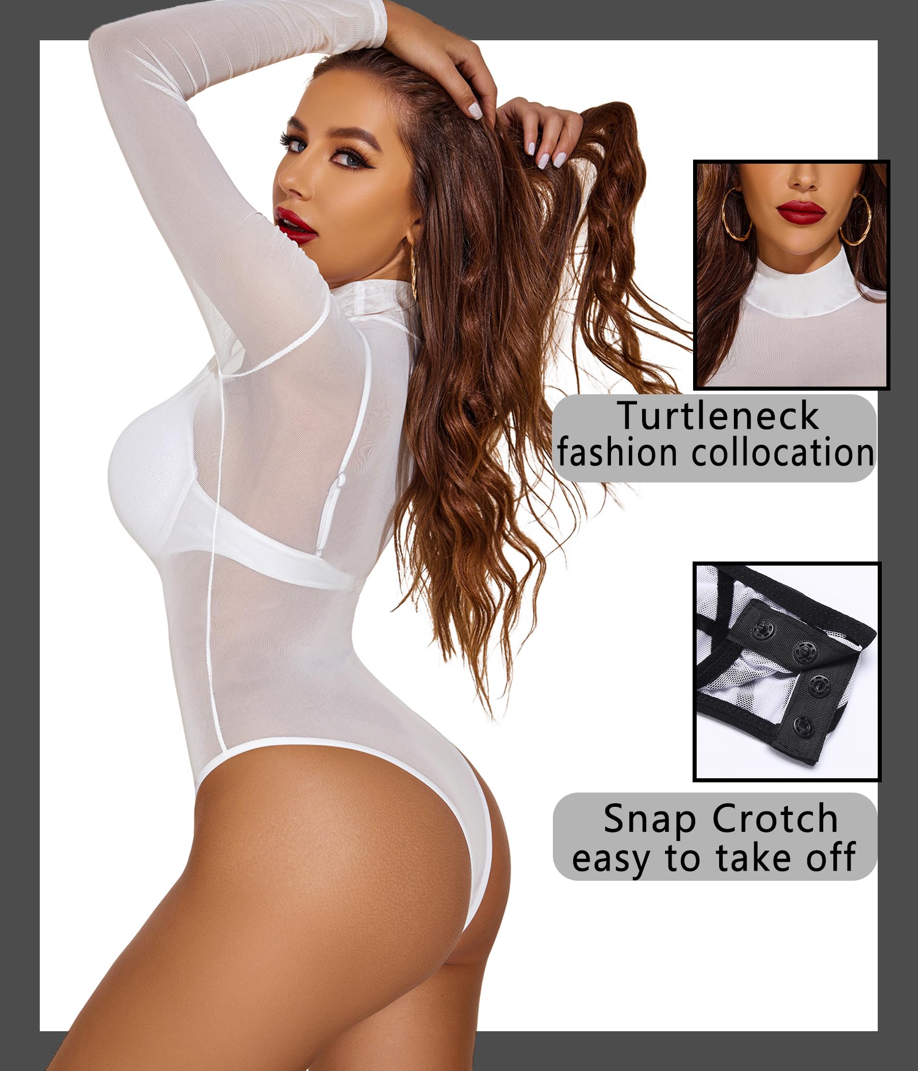 Avidlove Long Sleeve Bodysuit for Women Turtleneck Sheer Mesh Bodysuit Geo Print Leotards: X-Large White02