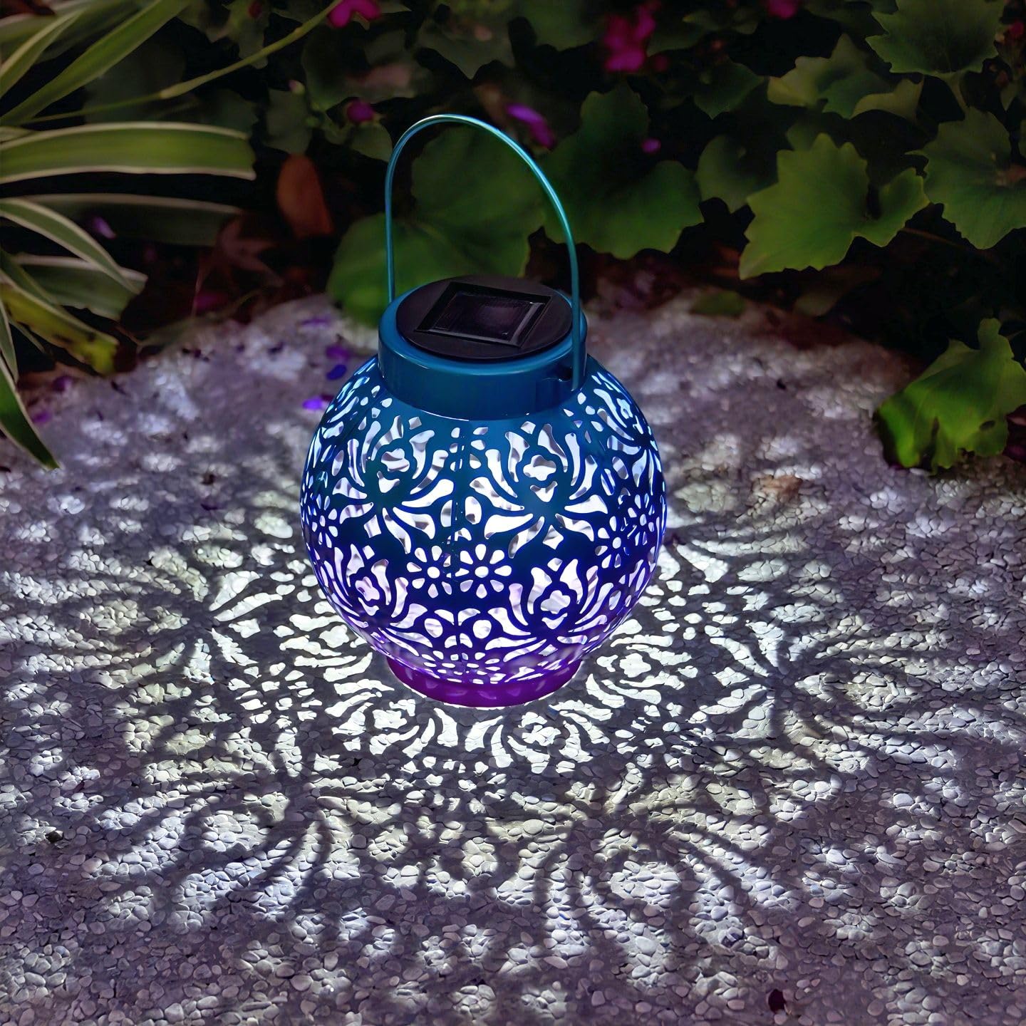 2 Pack Outdoor Solar Hanging Lantern Lights Metal LED Decorative Lamp for Garden Patio Courtyard Lawn and Table with Hollowed-Out Design (Royal Purple