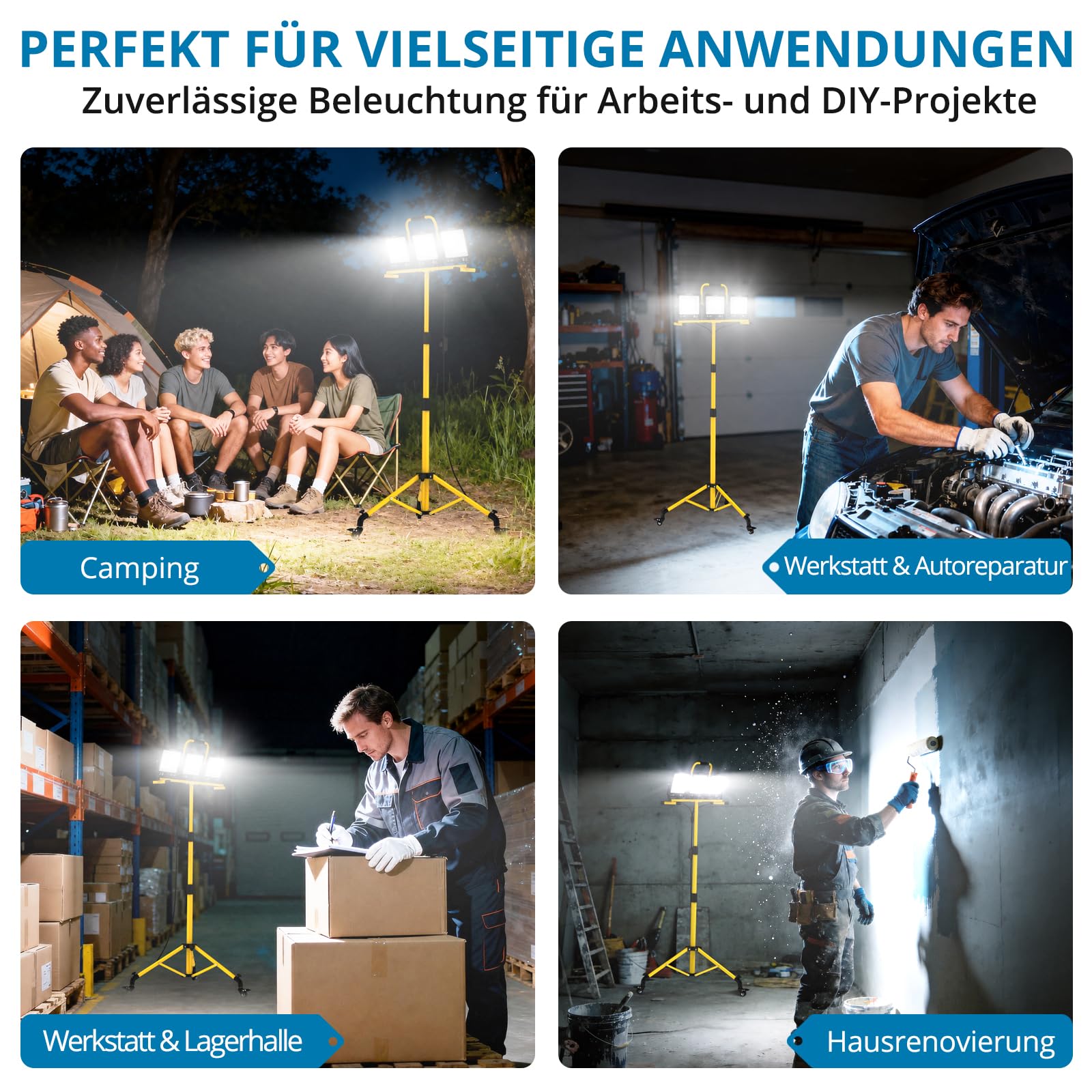 AUTOUTLET Baustrahler LED mit Rollstativ 300W, 3000K/5000K/6500K & 5M Kabel | 27000LM Baulampe mit Feststellbremse, 118-174cm Höhenverstellbar Stativ, IP66 Wasserdicht, Abnehmbar, für Garage Baustelle