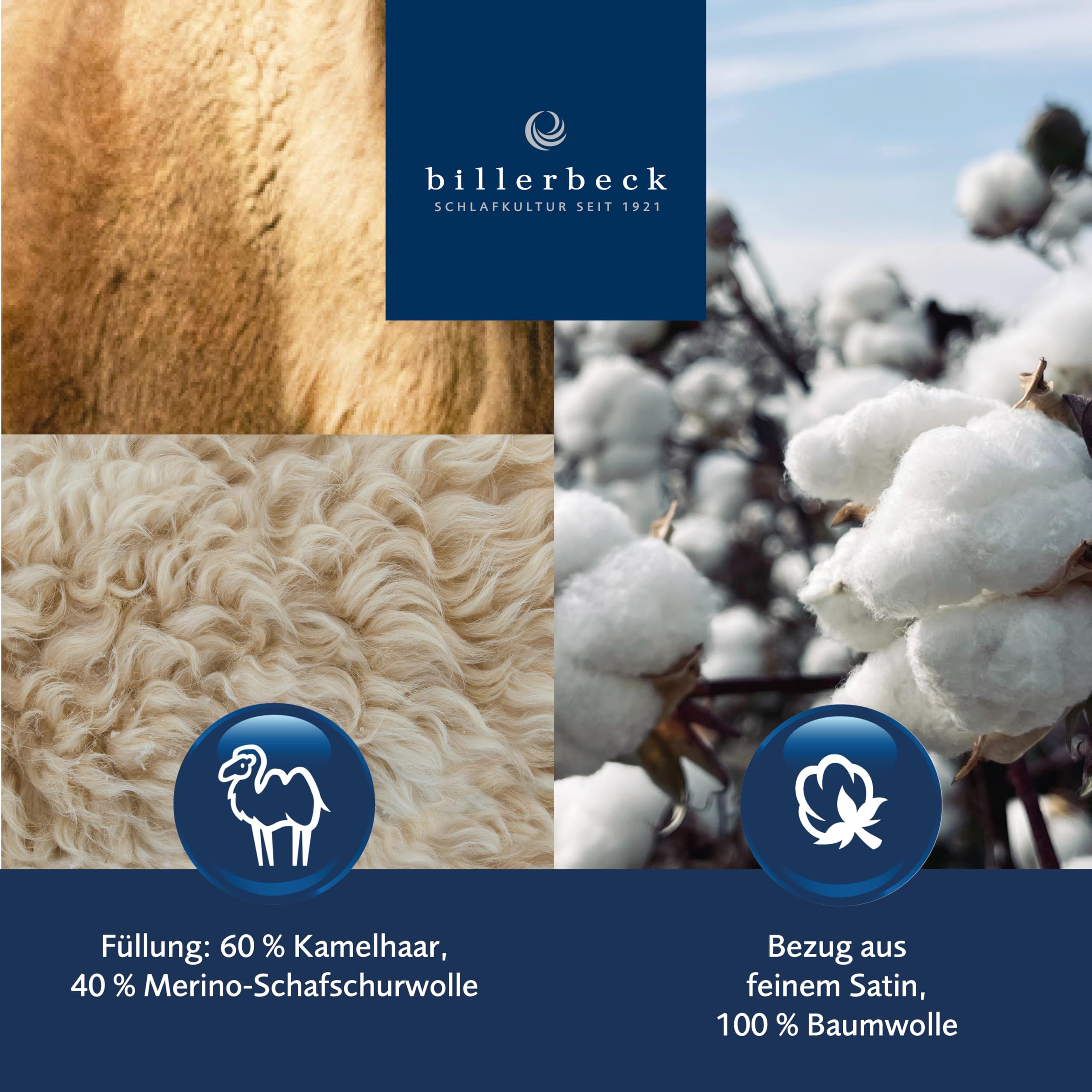 billerbeck Bettdecke E48 Kairo - Ganzjahresdecke – 155 x 220 cm –Decke mit 60 % Kamelhaar 40 % Wolle, Weiß