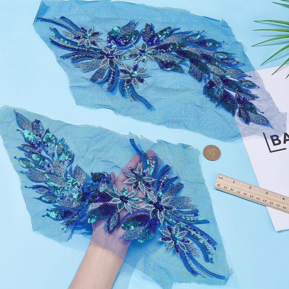 MAYJOYDIY 2Pcs Blue Lace Sequins Embroidered Patches Sew on Embroidered Lace Applique Flower Sequins Lace Appliques for Wedding Dress Sewing Garment Decor Clothing Decoration