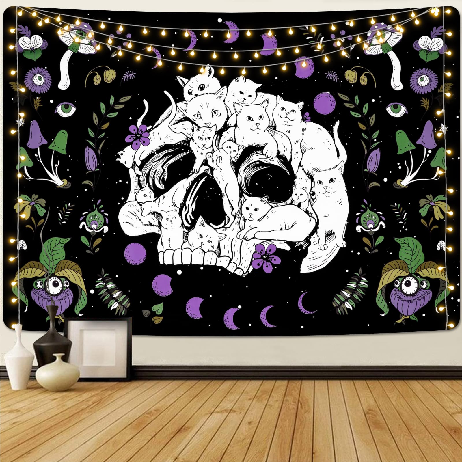 KrelymicsHippie Skull Tapestry Witchy Cat Tapestry Moon Phase Tapestries Mushroom Flower Plant Tapestry Boho Aesthetic Tapestry Wall Hanging for Bedroom Home Dorm(51.2 x 59.1 inches)