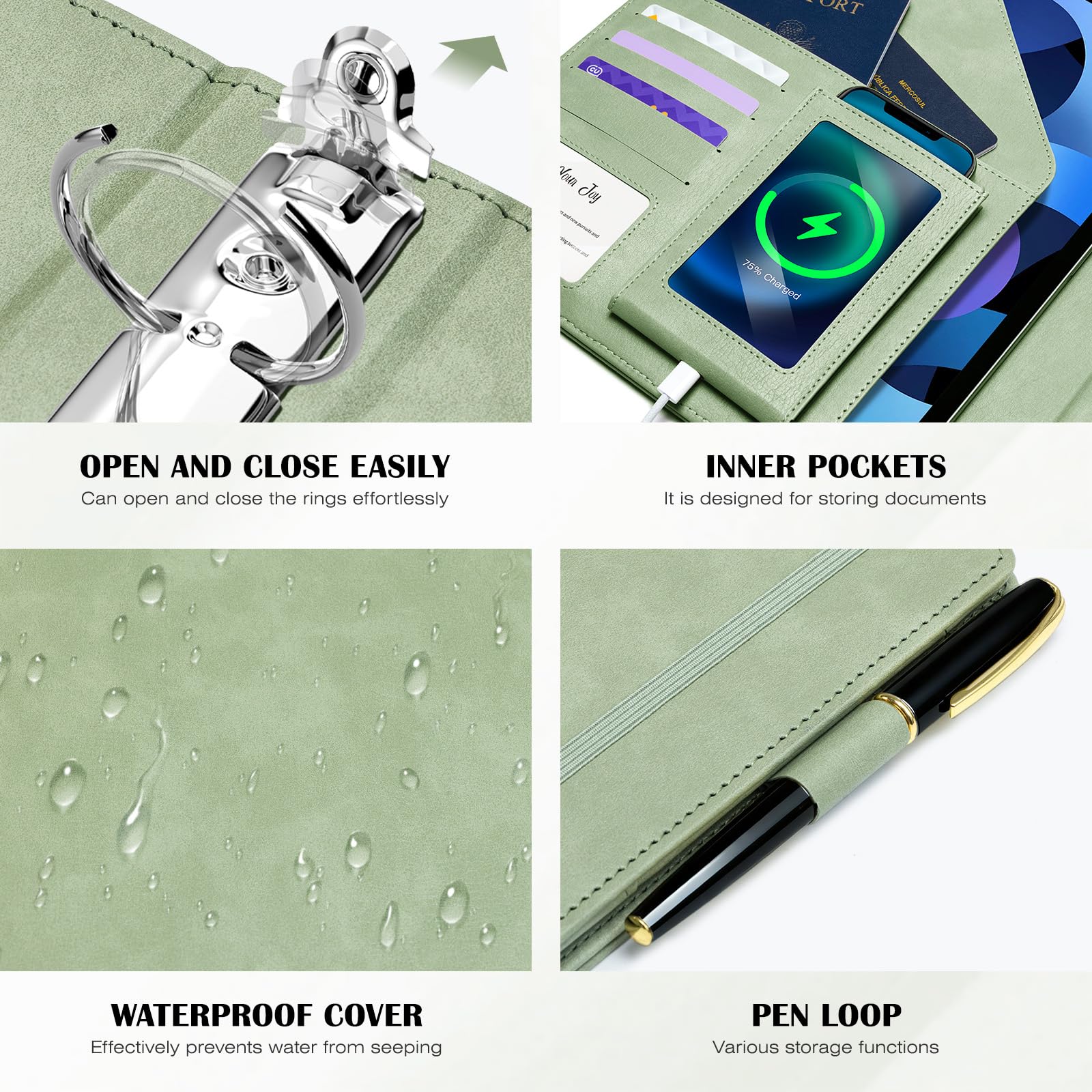 Ospelelf Raccoglitore a 3 anelli in pelle per documenti formato lettera con divisori tascabili in PVC, anelli rotondi da 2,5 cm, contiene 175 fogli, raccoglitori con borsa portaoggetti e blocco note
