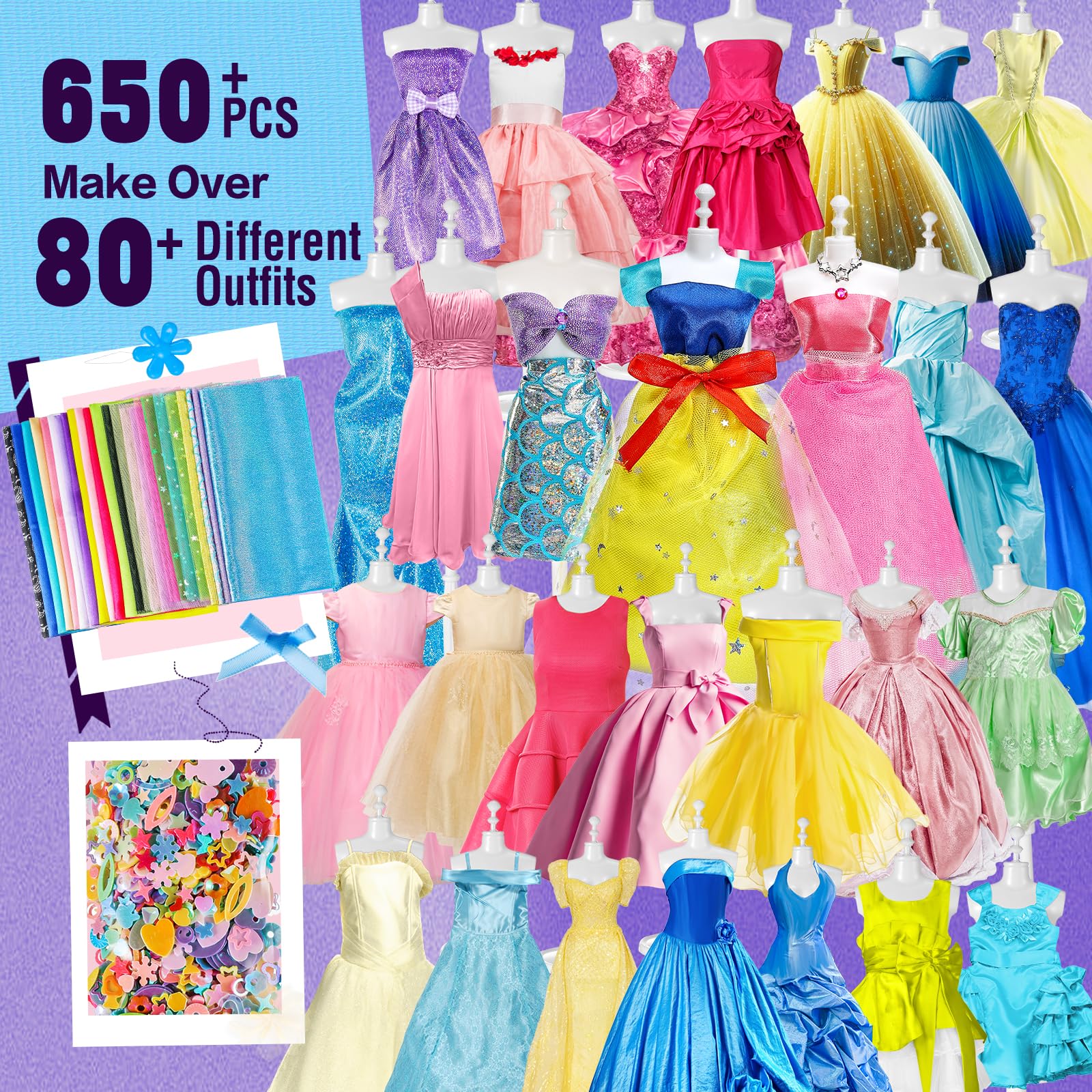 AnproAnpro 700+Pcs Fashion Designer Kit for Girls with 4 Mannequins, DIY Arts & Crafts Kit for Girls Age 6-12 Toys, Doll Clothes Making Sewing Kit Colorful