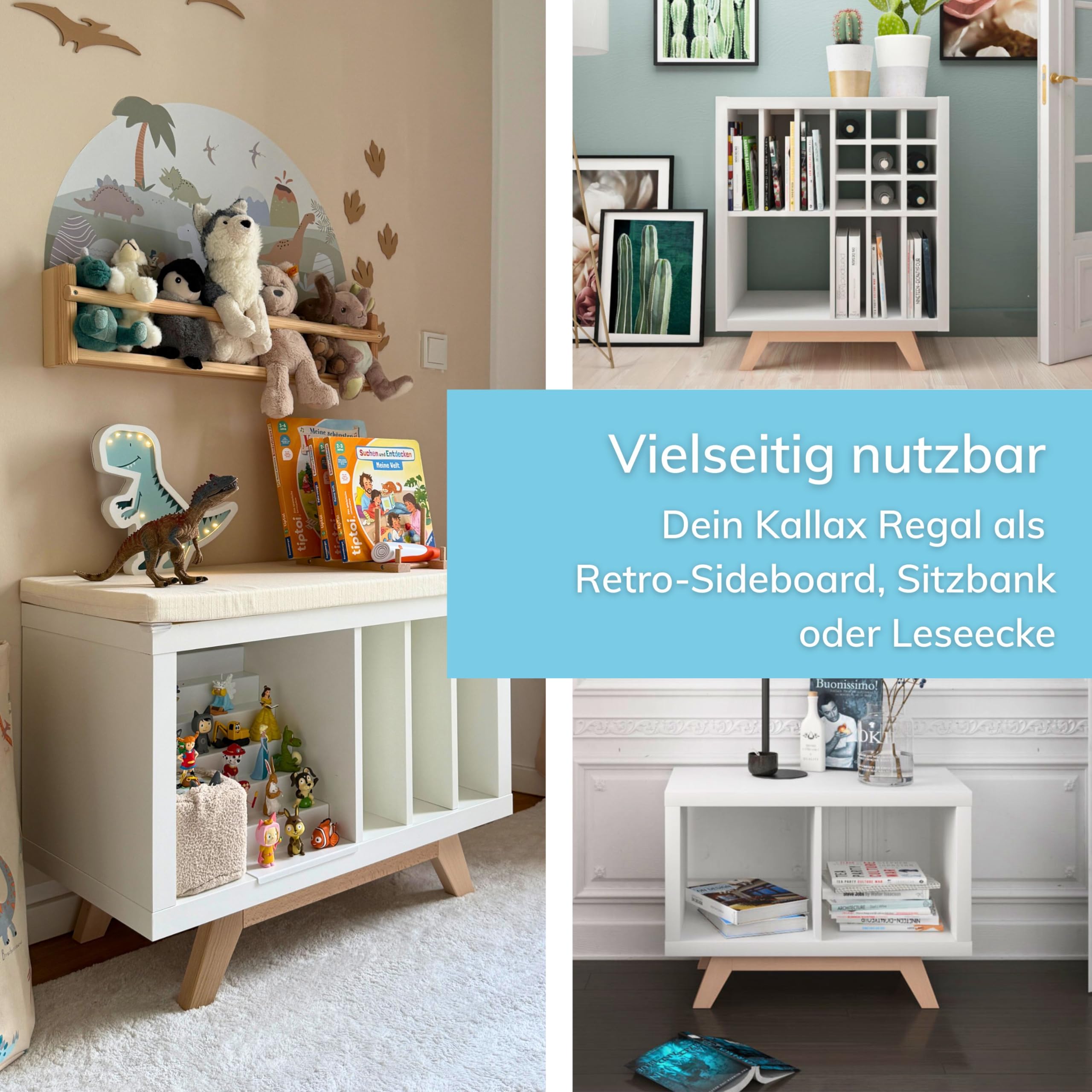 Kallax Regal Untergestell für 2er Kallax | Holzuntergestell Massive Buche | Möbelfüße für Kallax Sideboard | Passgenau 2 Fächer Breite | Retro Design