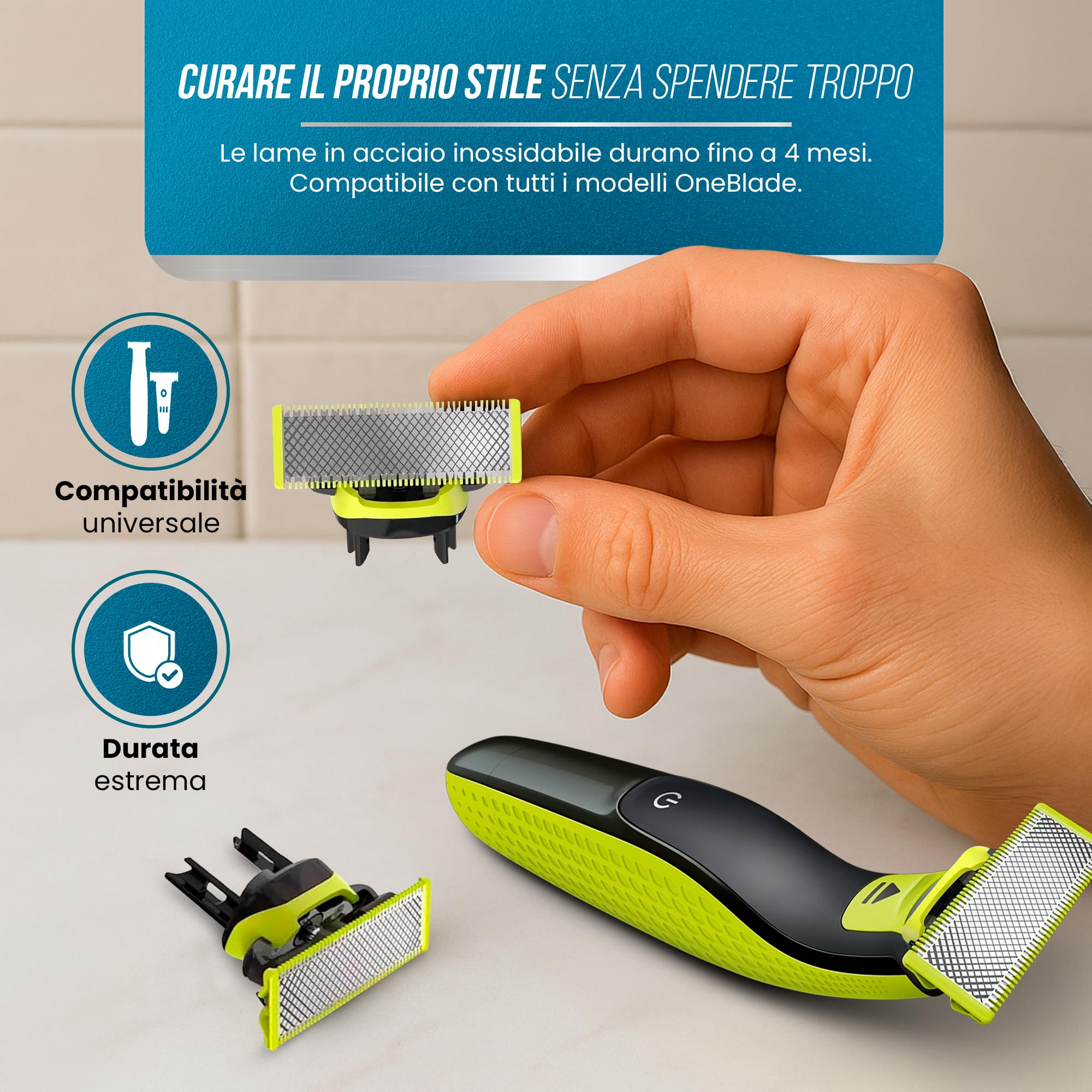 Lamette di ricambio compatibili con One Blade (X5) T-Blade Testine Per Rasoio Elettrico Uomo Taglio Preciso Senza Irritazioni Per Barba Viso Collocompatibili con Oneblade
