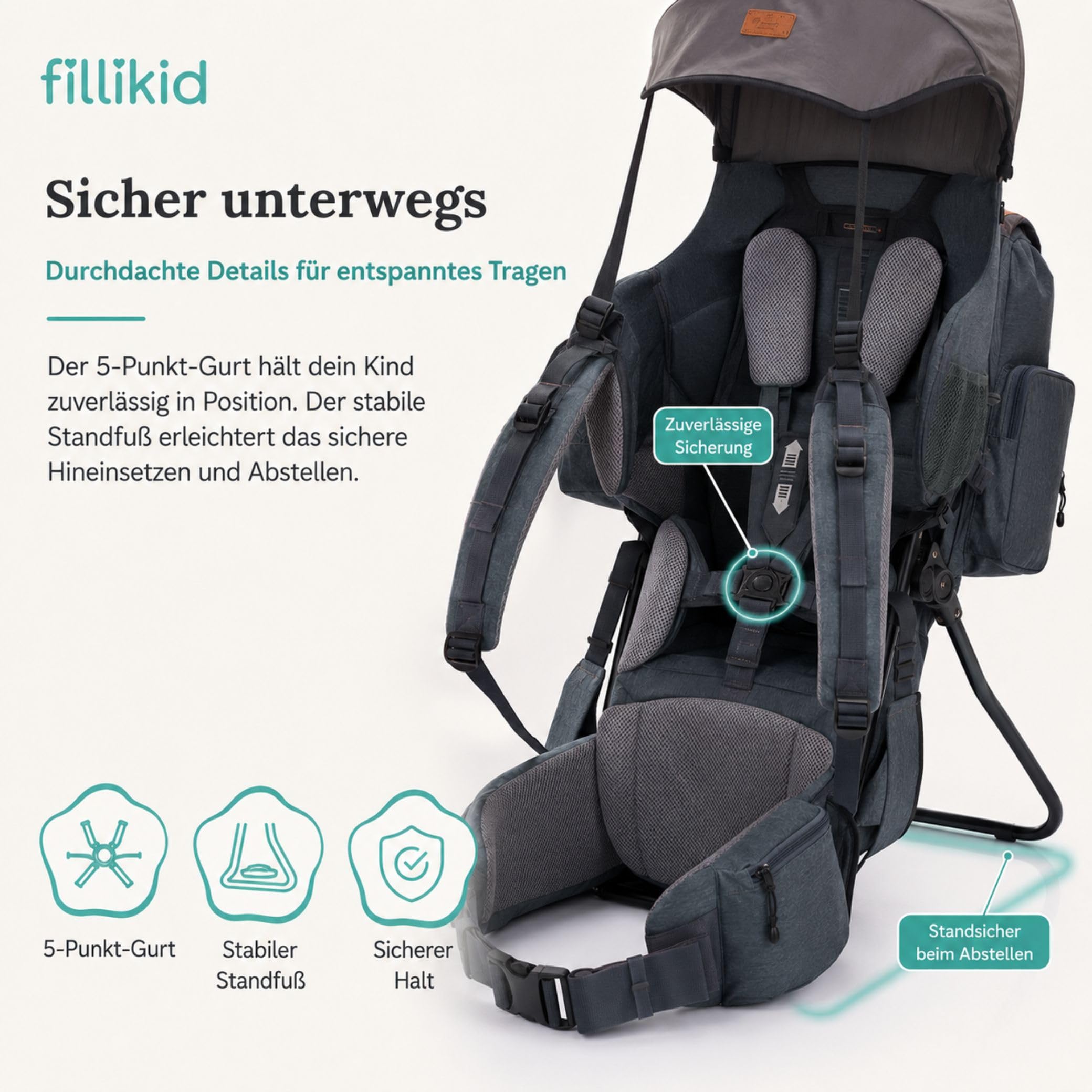 Fillikid Premium Babytrage Rückentrage Baby | Rücken Babytrage mit Sonnendach & großen Staufächern | Kraxe zum Wandern mit Baby Kleinkind | Tragesitz bis 20 kg | Kindertrage Ultra leicht