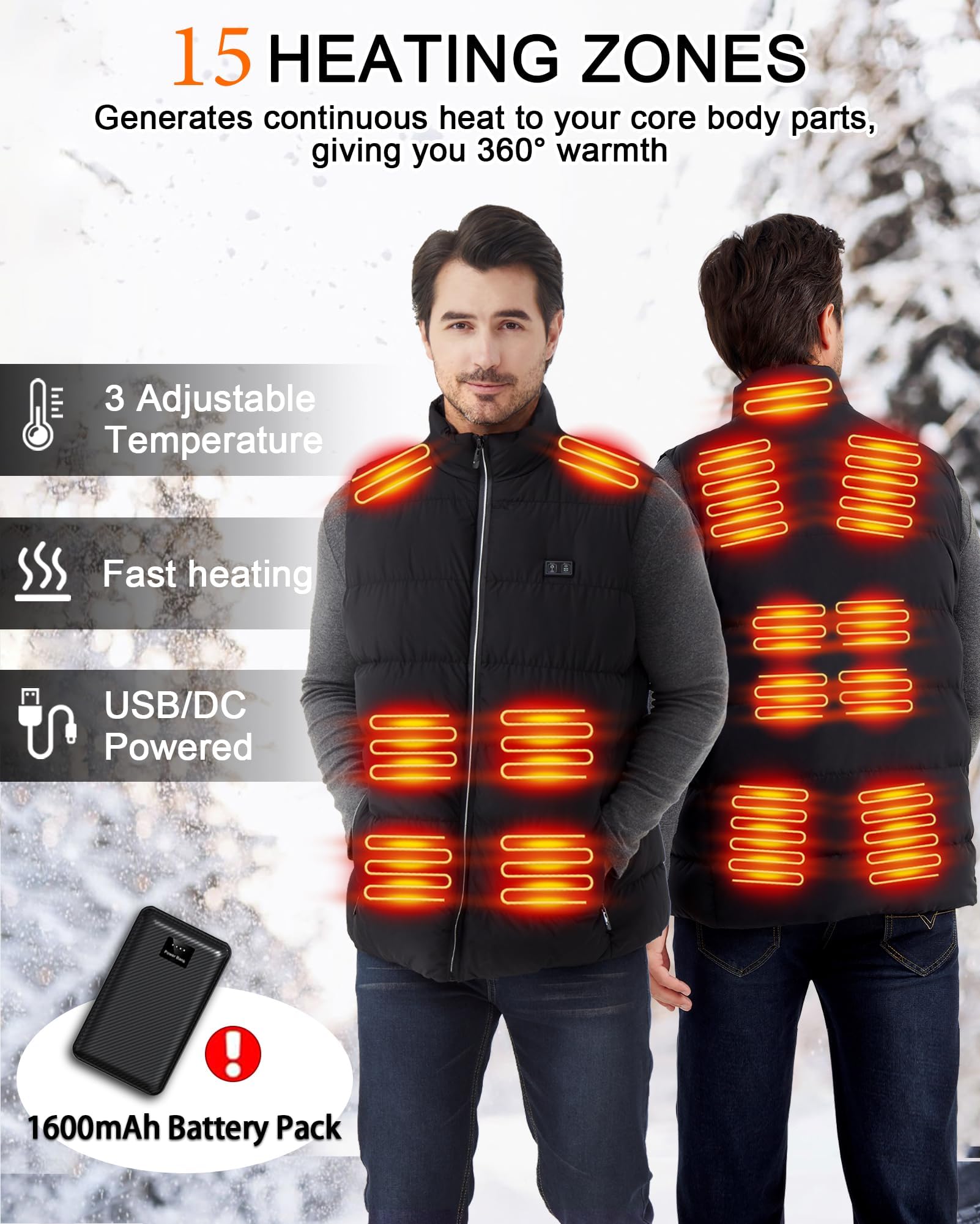 Gilet chauffant d'extérieur pour homme : gilet chauffant USB léger avec bloc de piles, gilet électrique d'hiver lavable, 15 zones de chauffage, veste chauffante chaude pour randonnée, ski