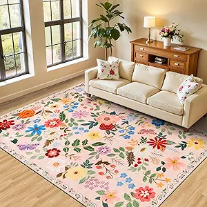 6x9 Area Rugs for Living Room: Floral Washable Rug Vintage Large Soft Boho Non-Slip Carpet Indoor Floor Stain Resistant Thin Carpets for Bedroom Dining Room Farmhouse Nursery Hallway Home Office Beige