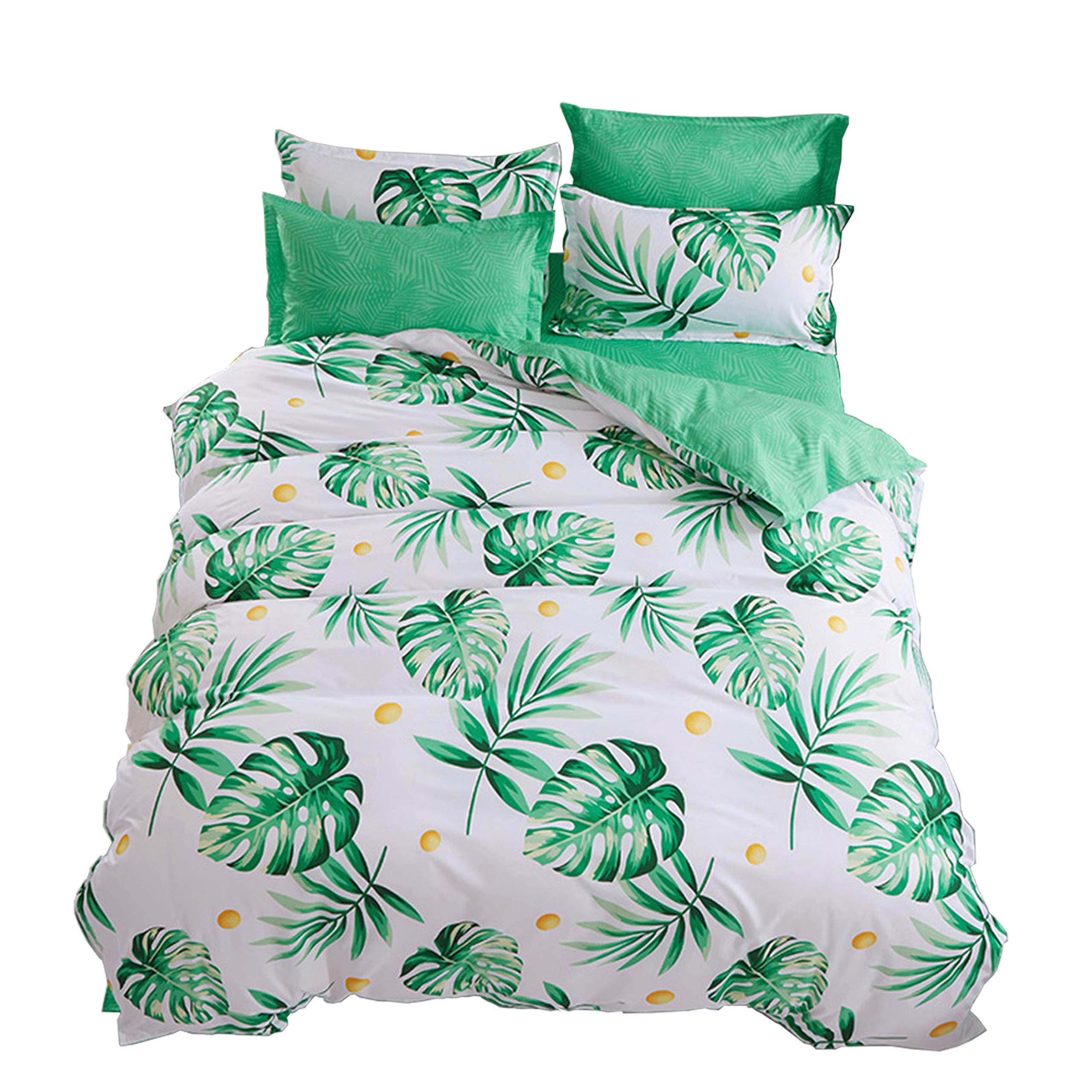 ED-Lumos Green Leaves Design Duvet Cover Set with 2 Pillowcases for Kids Bedding 4-Piece Double Size(No Comforter Included)