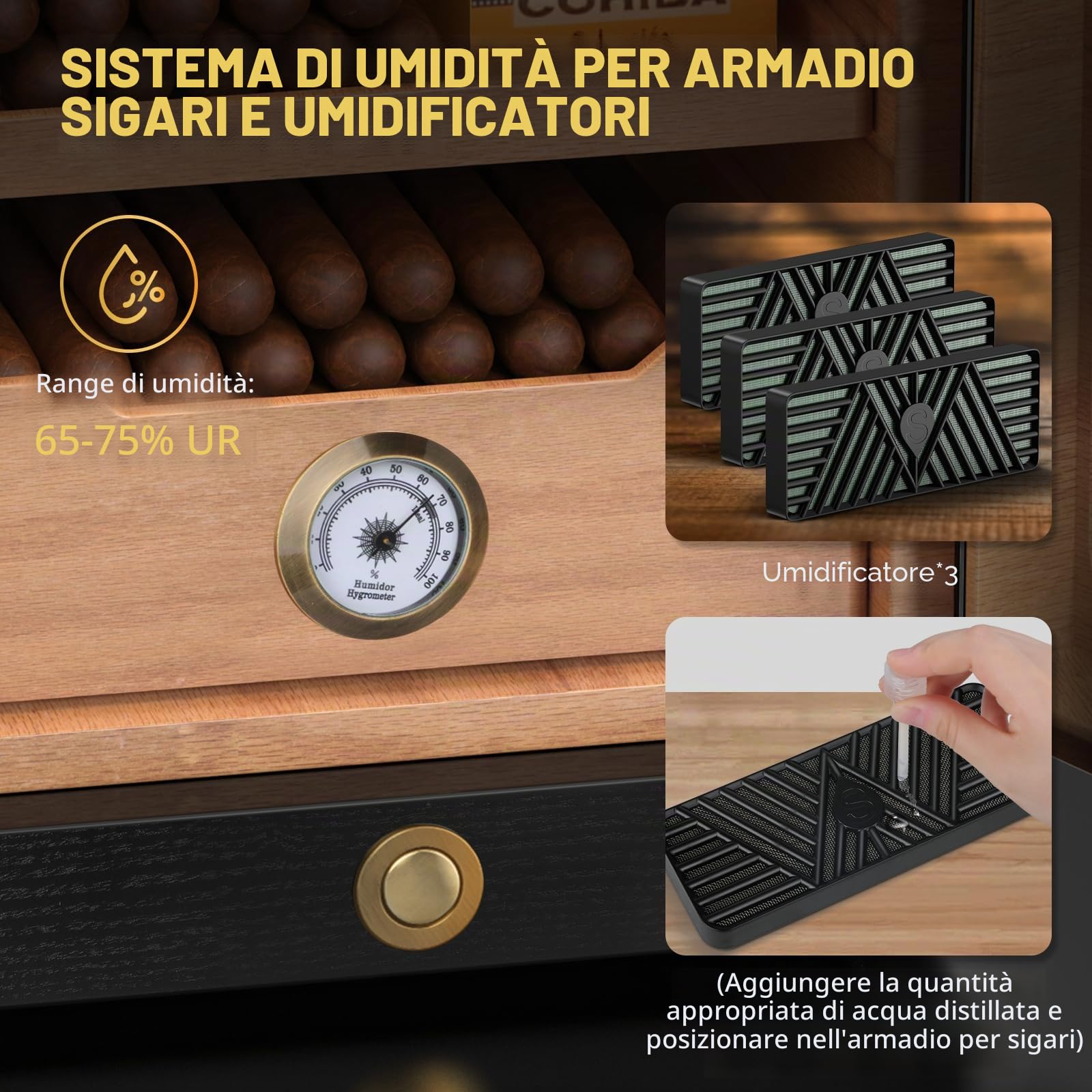 Tesonway Umidificatore per sigari, con sistema di controllo della luce, con ripiani in legno di cedro spagnolo, igrometro, 3 umidificatori e cassetto per accessori per sigari, regalo per la festa del