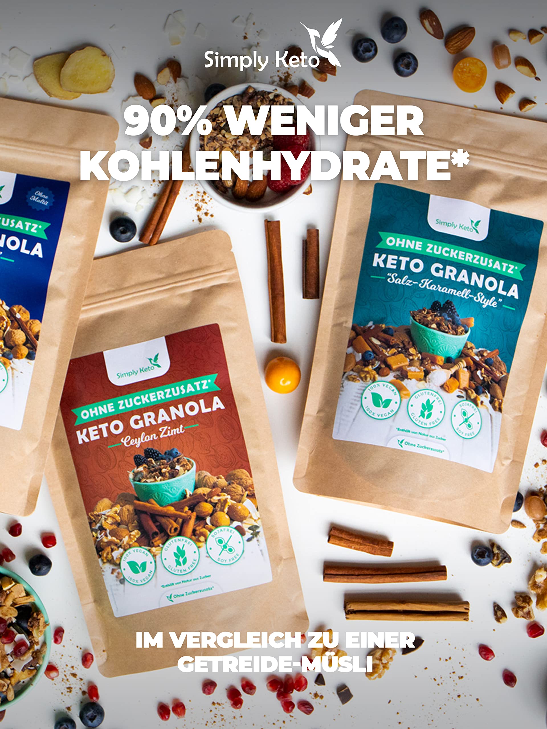 Simply Keto Muesli Crujiente Canela - Muesli Bajo en Carbono sin Azúcar - 500g Delicioso Muesli Keto para un Desayuno Perfecto - Paleo y Vegano - Sin Soja, Lactosa y Gluten - 500g