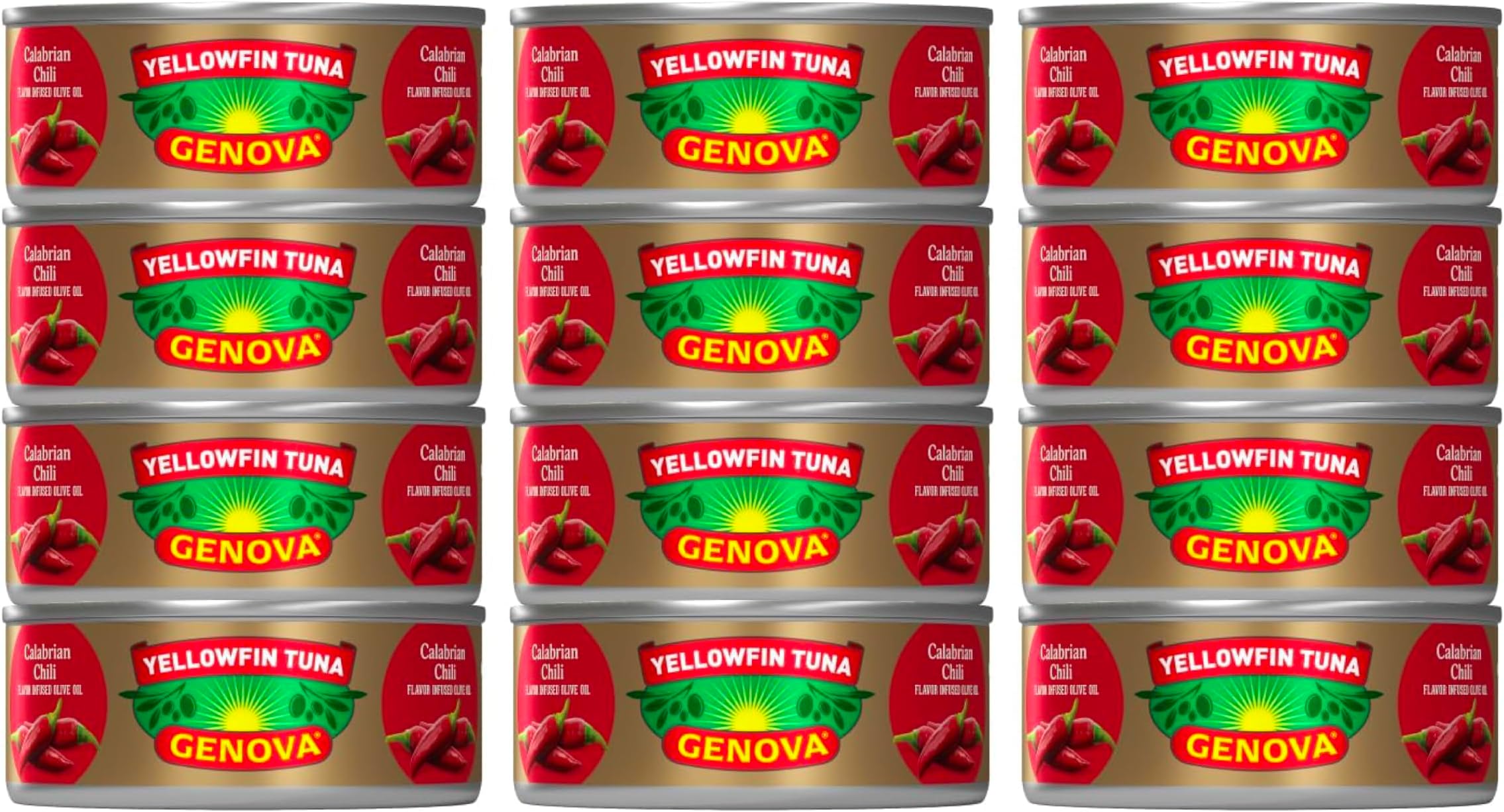 Genova Premium Yellowfin Tuna in Calabrian Chili Infused Olive Oil, 5 Ounce Cans (Pack of 12), Wild Caught Tuna, Solid Light