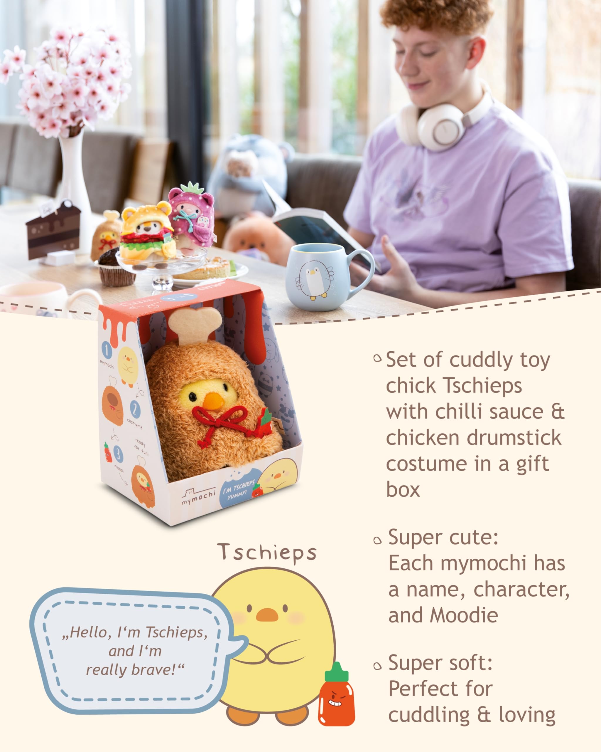 NICI soft toy chick Tschieps 8cm with chili-sauce & chicken leg costume in gift box 8,5x6,5x10cm, white, Fluffy plush - Image 3