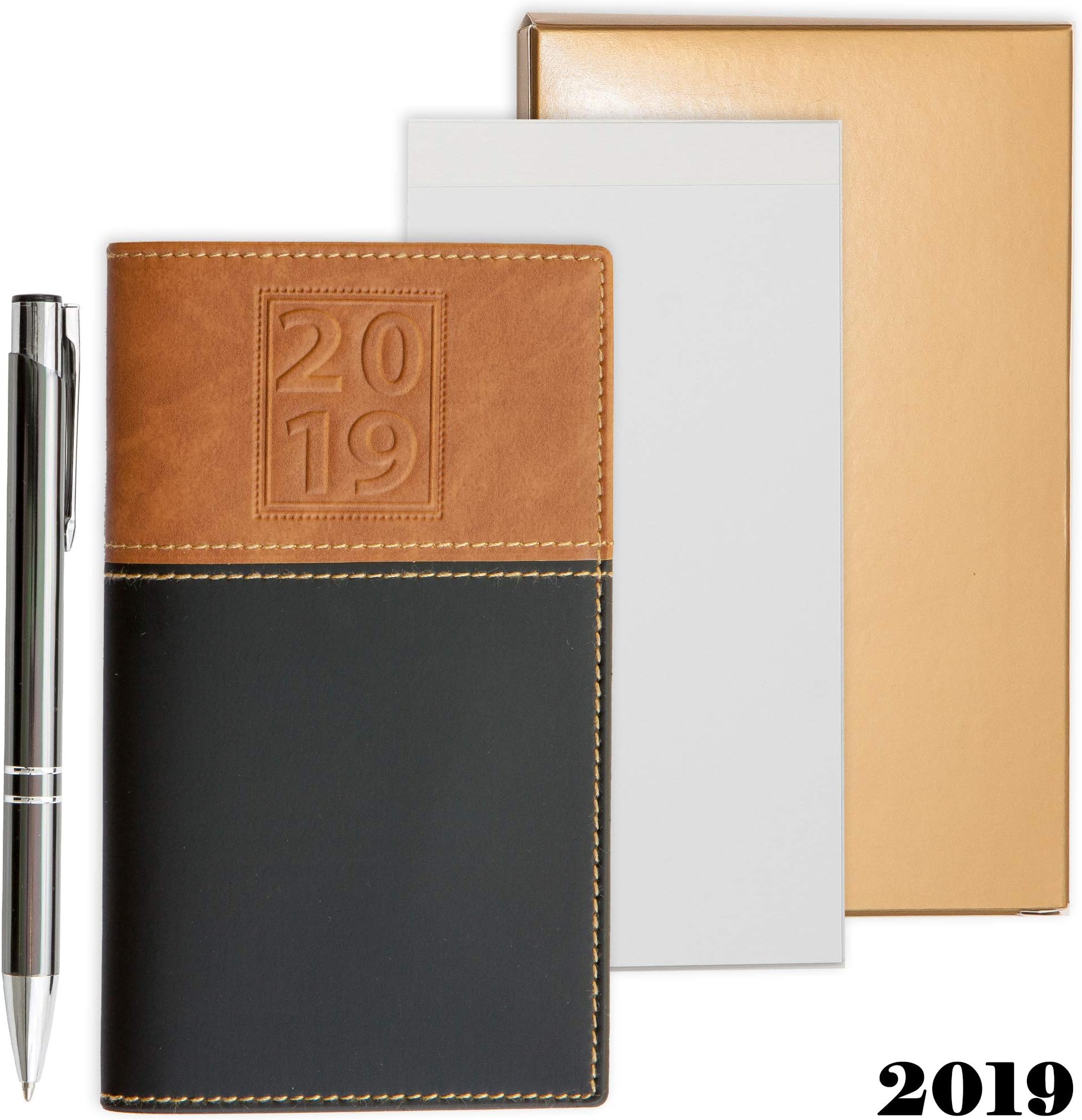 2019 Weekly Pocket Calendar Organizer | Business Polished Chrome Trim Pen & a Notepad Included | 12 Months Week-in-View Planner, Weekly Quotes | All in a Gold Gift Box Set.