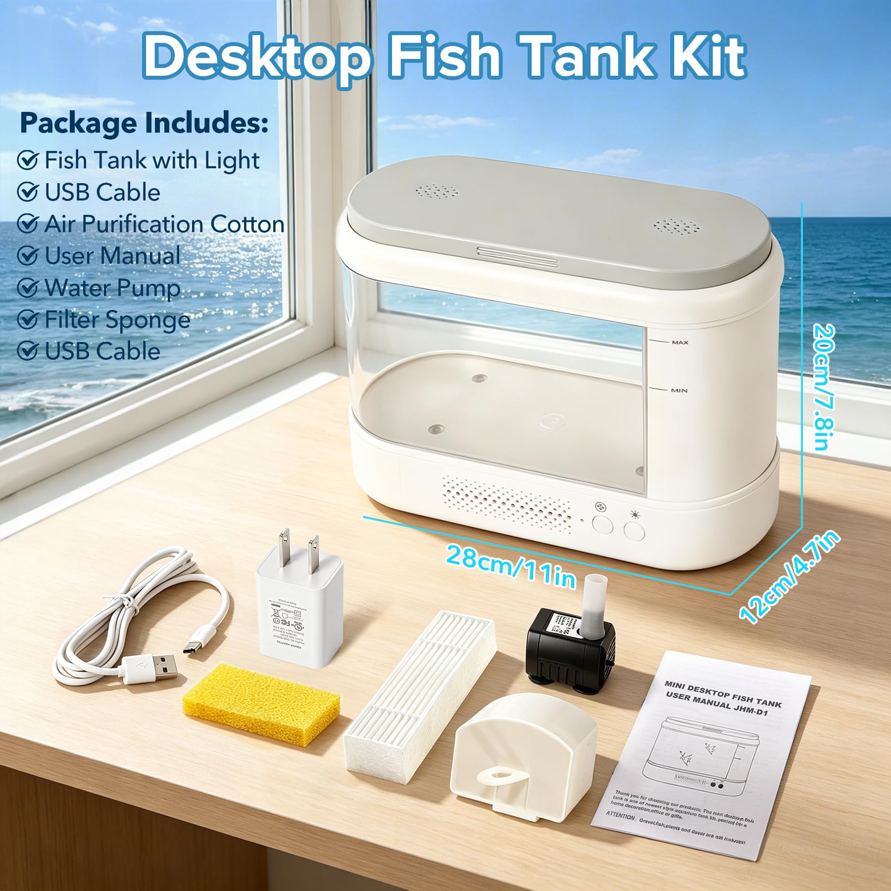 Betta Aquarium-Set, Acryl, klein, ca. 3,7 l, Weiß | Mit Wasserfilterpumpe und LED-Licht, leises Wohnzimmer-Fischglas für kleine Fische, Pflanzen und Garnelen