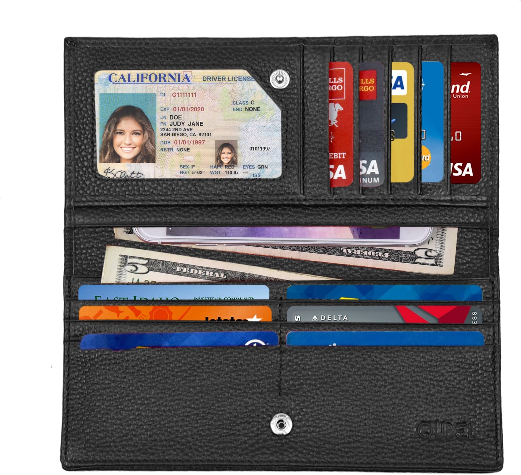 Women's RFID Blocking Ultra Slim Genuine Leather Clutch Wallet-Shield Against Identity Theft-Excellent Credit Card Protector for Women by Qubel (Black)