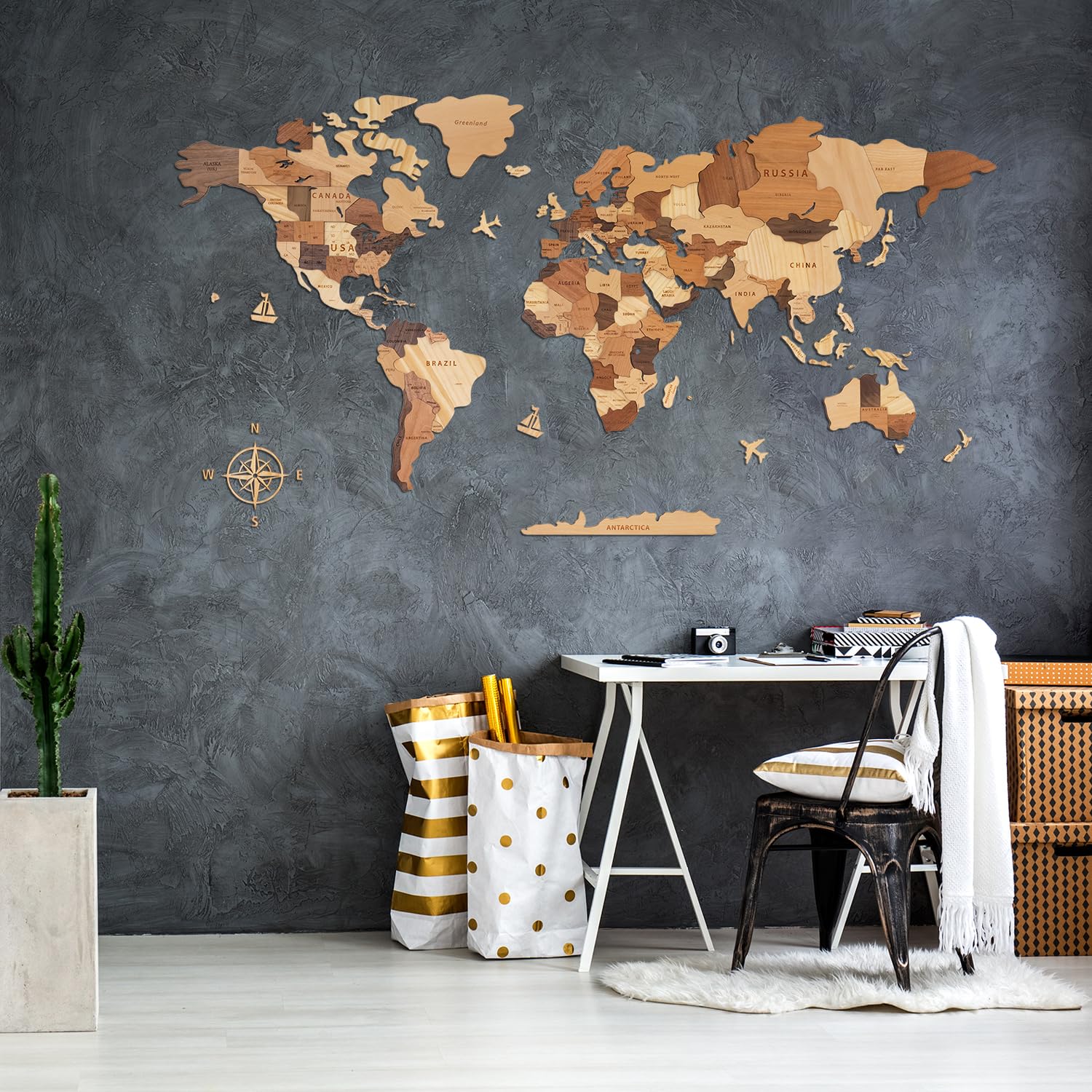 Creawoo Mapa del Mundo 3D de Madera para Decoración de Pared, Grande Mapamundi Maciza Natural Multicapa Arte de Pared para Oficina Sala de Estar Dormitorio, Mapamundi de Viaje de Madera-200x114cm