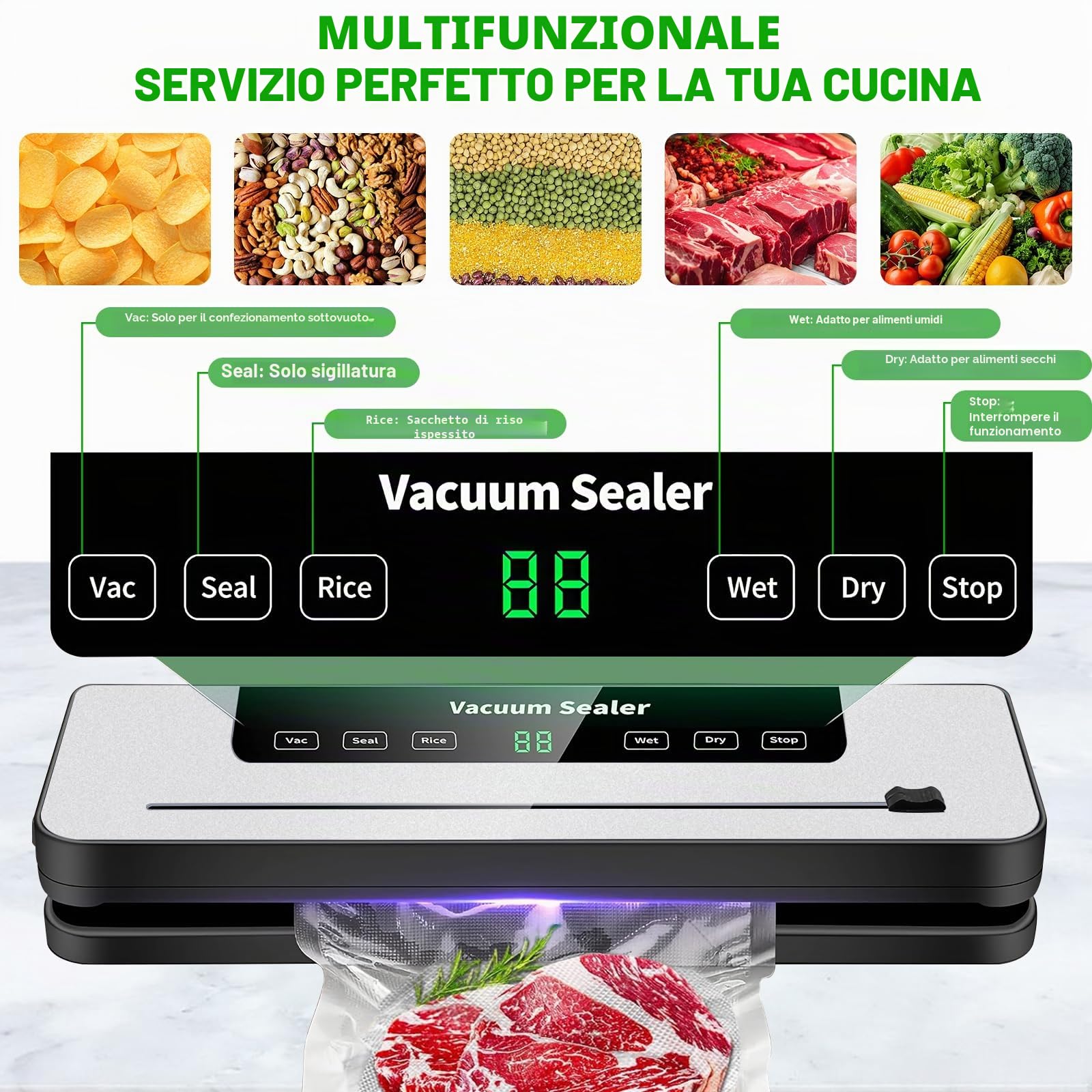 Macchina Sottovuoto Alimentare 6 In 1,Y 40 Inclusi Sacchetti Sottovuoto e Tubo Accessorio,Macchina imballatrice sottovuoto multifunzionale per Cottura Sotto Vuoto e Conservazione Alimenti