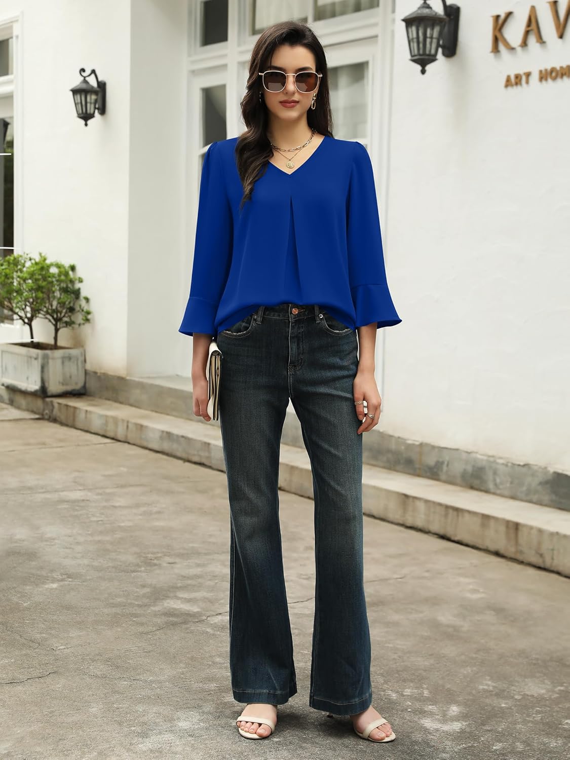 Funlingo Womens 3/4 Length Sleeve Tops Dressy Casual V Neck Business Chiffon Blouses Pleated Trendy Work Shirts - Image 5