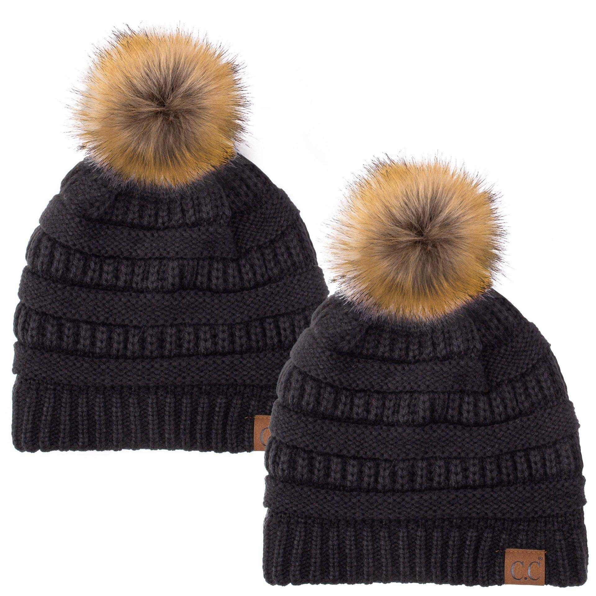 C.C Hat-43 Thick Warm Cap Hat Skully Faux Fur Pom Pom Cable Knit Beanie 2 Pack Black/Black