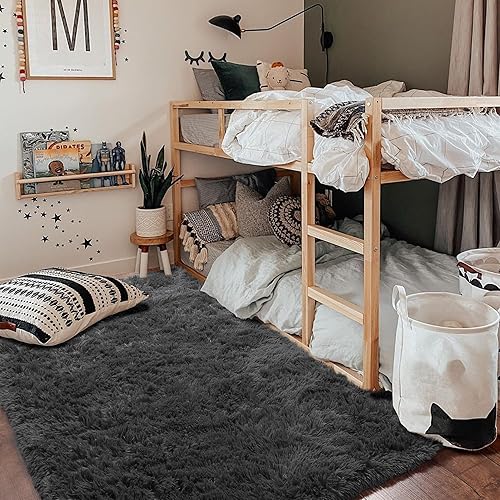 Miniatura 6 de Amdrebio Alfombra negra para dormitorio, alfombra de 5 x 8 pies, alfombra grande y esponjosa para decoración de sala de estar, moderna y fresca para