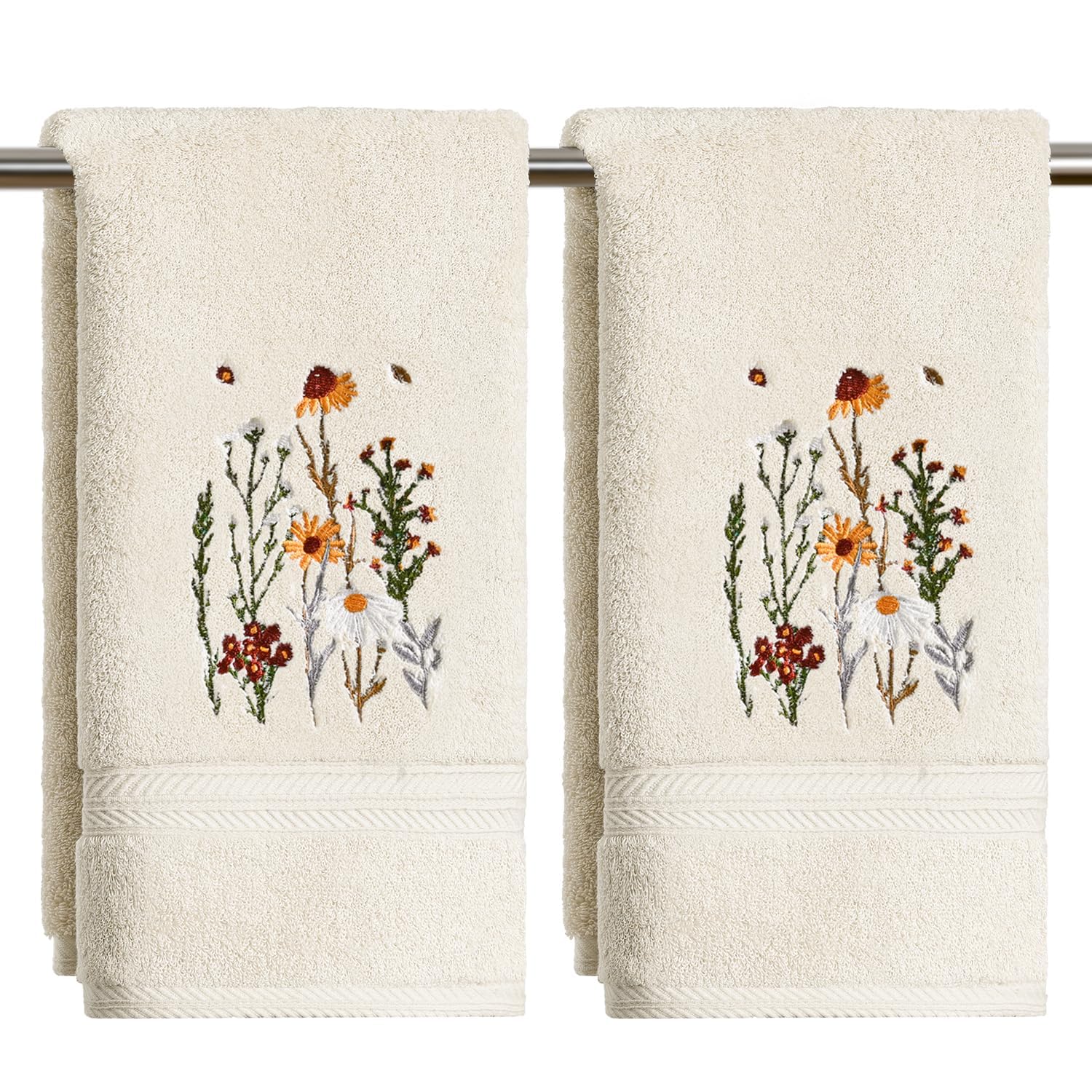 Artoid Mode Beige Floral Daisy Cotton Hand Towels 35 x 75 cm Set of 2