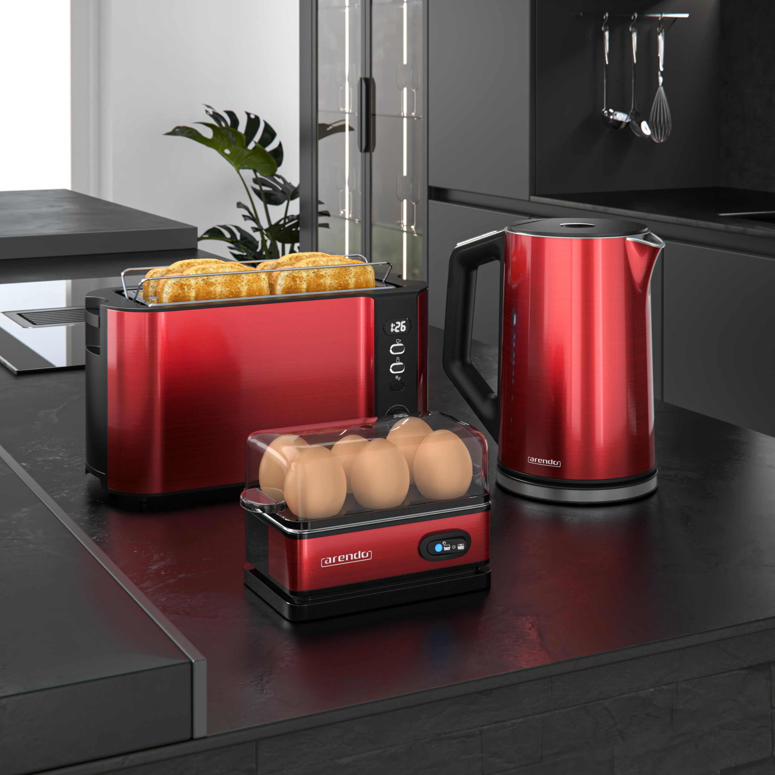Arendo Wasserkocher Toaster Eierkocher Set Edelstahl Temperatureinstellung 4 Scheiben Langschlitz 1-6 Eier Küchenset Rot