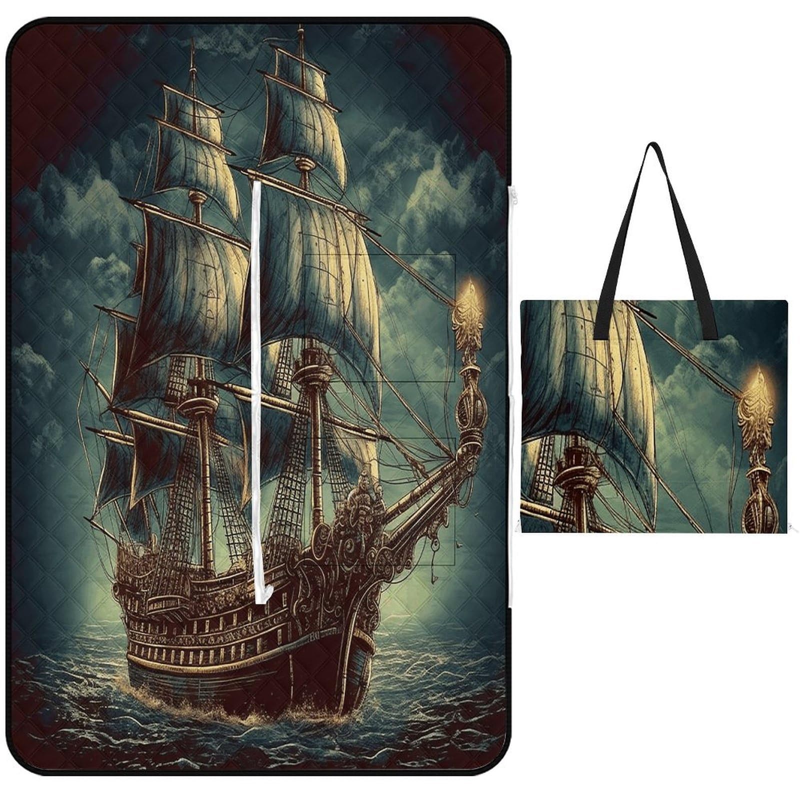 Nautical Vintage Sailing Pirate Ship Picnic Mat 150x100cm Extra Large Picnic Blanket with Zipper Waterproof Sandproof Beach Blanket Portable Beach Mat Foldable Camping Blankets for Park Grass Lawn Tra