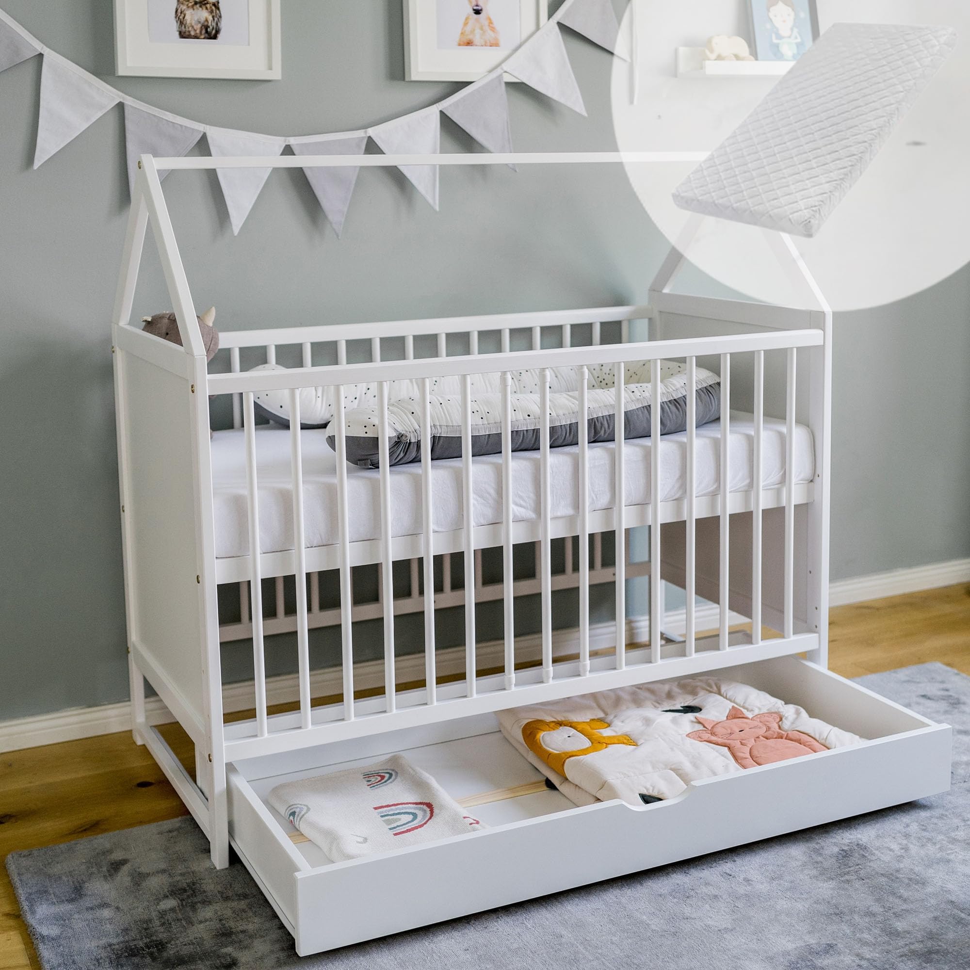 Kids Collective Babybett Beistellbett Kinderbett 60x120 cm – mit Schublade & Matratze, höhenverstellbar und umbaubar