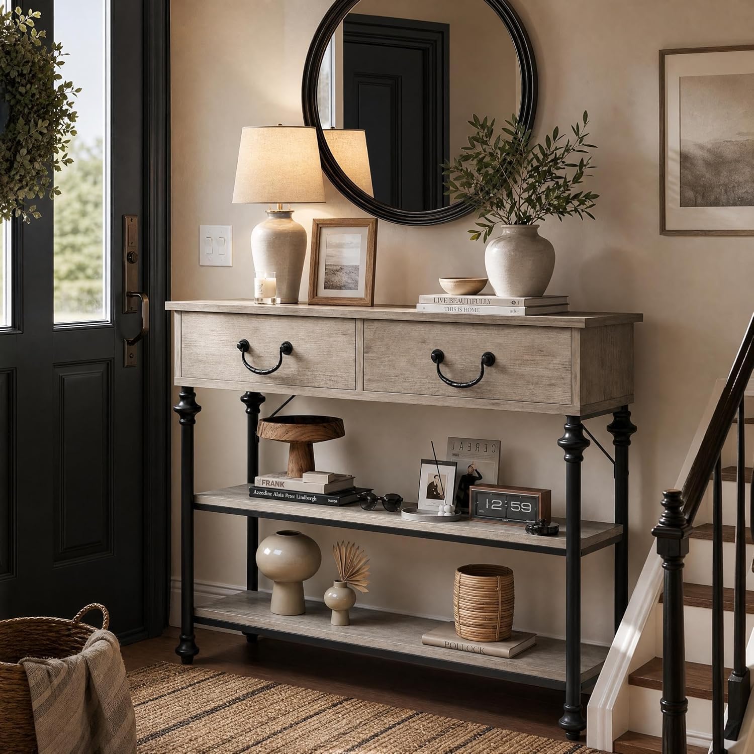 GarveeHome Mesa Consola Estrecha Moderna con 2 cajones y estantes – Estilo Columna Romana, Patas Calabaza – para recibidor, salón, Pasillo o detrás del sofá – Estructura Robusta – Color Gris