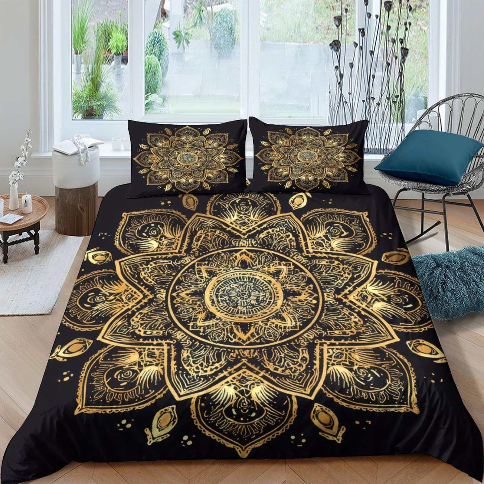 Ctjqhvkz Style-8 3D Printed Mandala Gold Black Fitted Sheet Microfiber Soft Decorative Lotus Mattress Cover For Bedroom Guest Room Single（135X200cm）