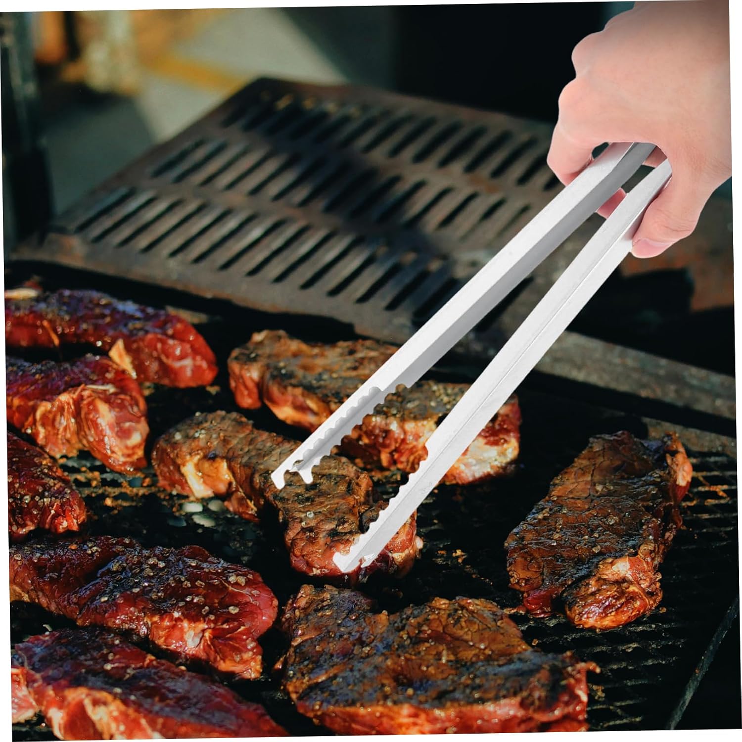 Long Length Charcoal Clamp Fire Tongs for Outdoor Fire Pit, Alloy Silver