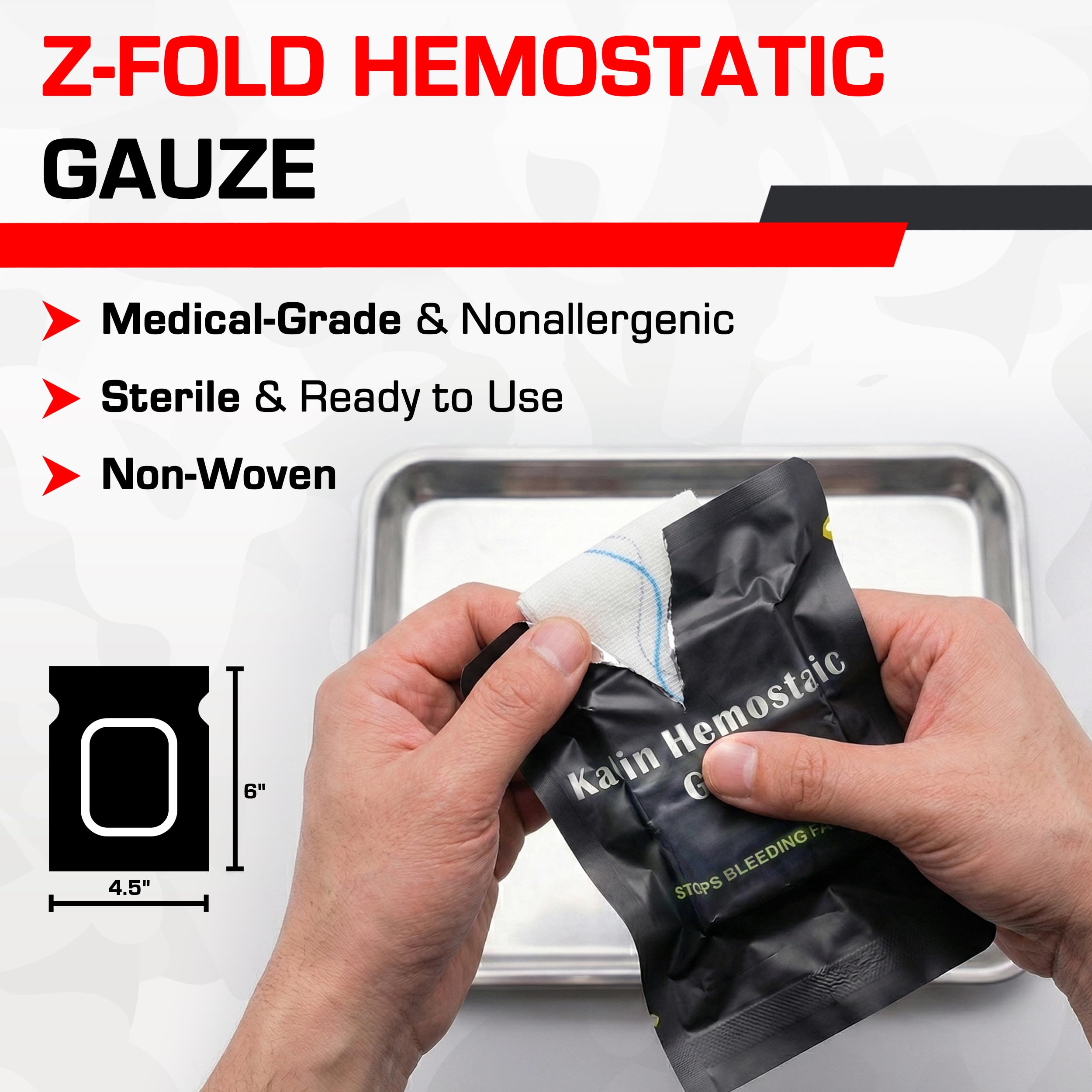 Kaolin - Gasa hemostática de combate de 3 pulgadas x 12.5 pies, gasa flexible para embalaje de heridas en Z para detener el trauma sangrado, kits de primeros auxilios, suministros médicos de