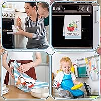 Vista 4 de Kajaia 4 toallas de cocina de verano, gnomo, sandía, té, mano, cocina, cocina, baño, toalla absorbente de color azul y blanco a rayas para cocina