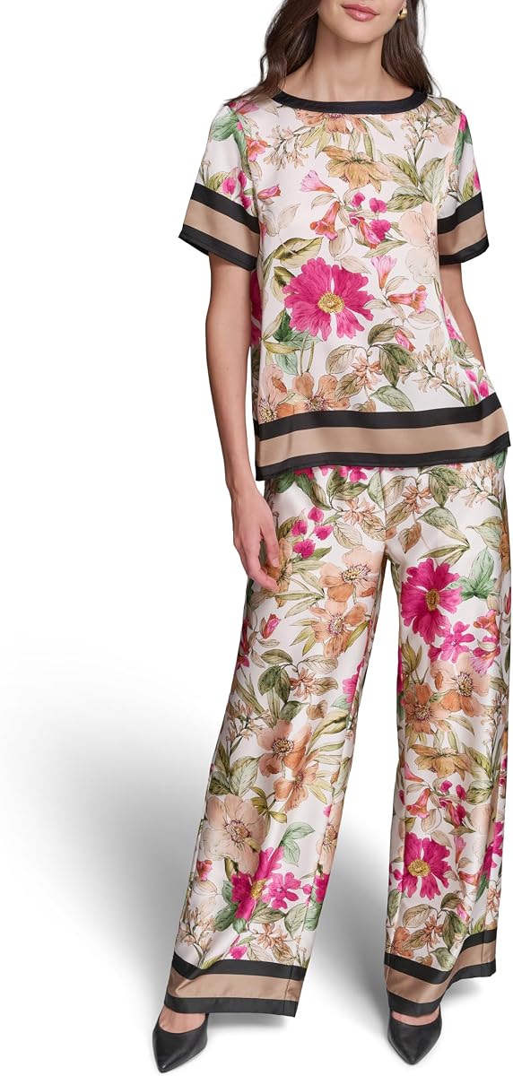 Karl Lagerfeld Women's Short Sleeve Floral Print Lightweight Blouse