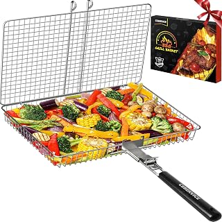 Extra Large SUS304 Stainless Steel Grill Basket - Folding Portable BBQ Rack for Fish, Veggies, Shrimp | Grilling Gifts for Dad, Men