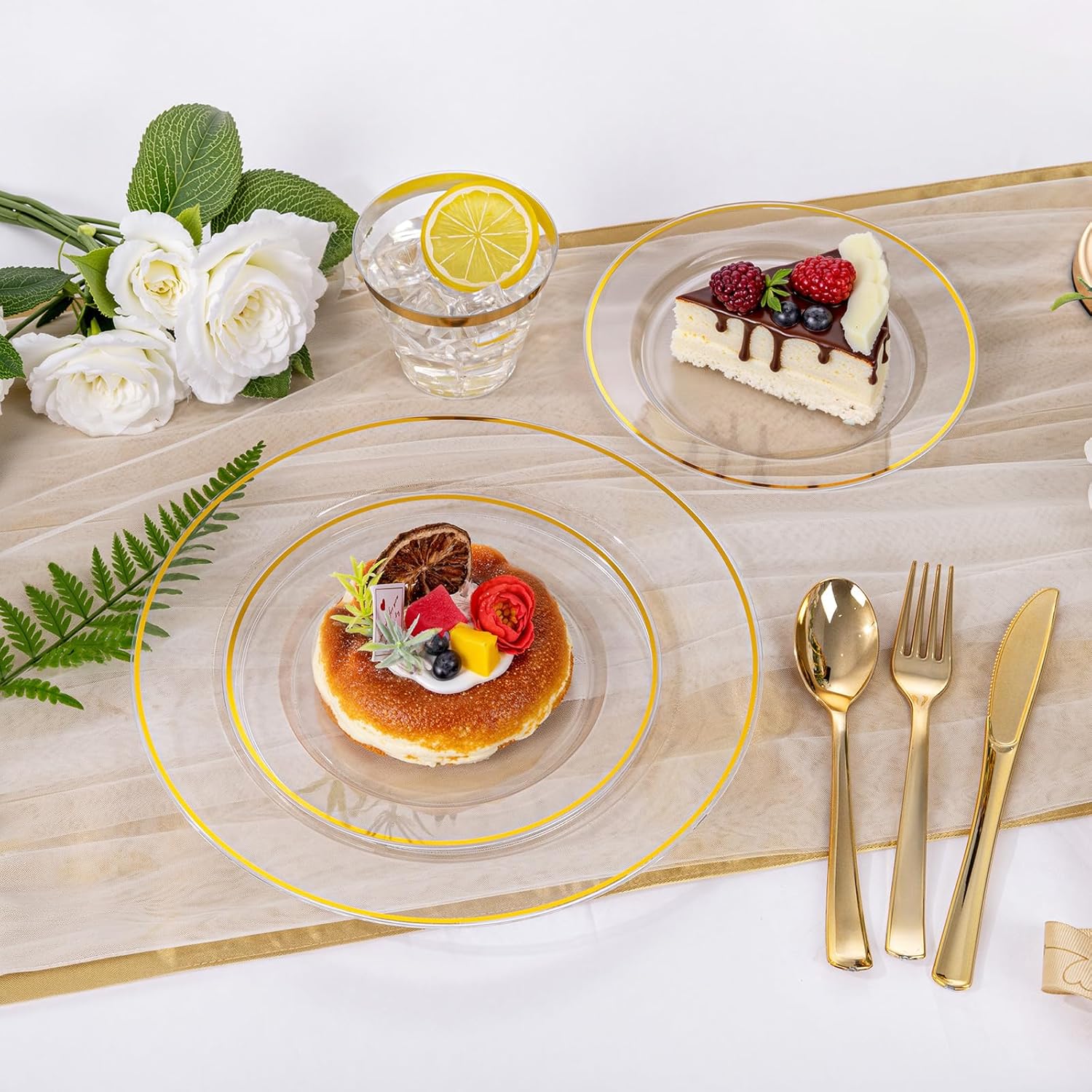 SUT 350 Pcs Gold and Clear Plastic Dinnerware Set for 50 Guests, Include: 50 Dinner Plates, 50 Dessert Plates, 50 Pre Rolled Napkins With Silverware, 50 Cups, Disposable Plates for Party, Wedding - Image 6