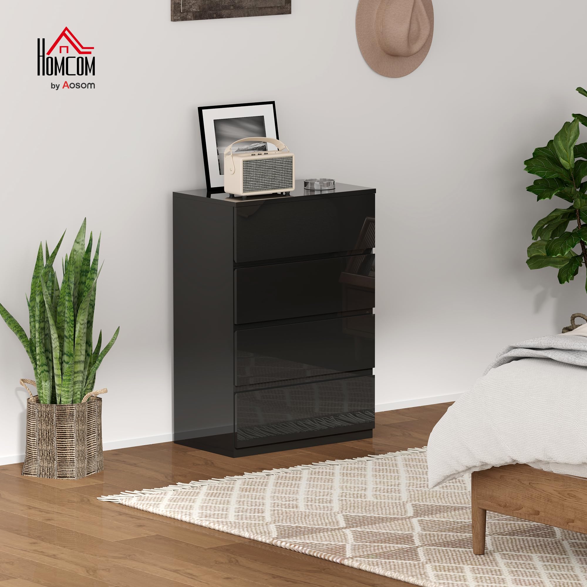HOMCOM Cassettiera 4 Cassetti per Camera da Letto 55x34x80 cm Nero Lucido