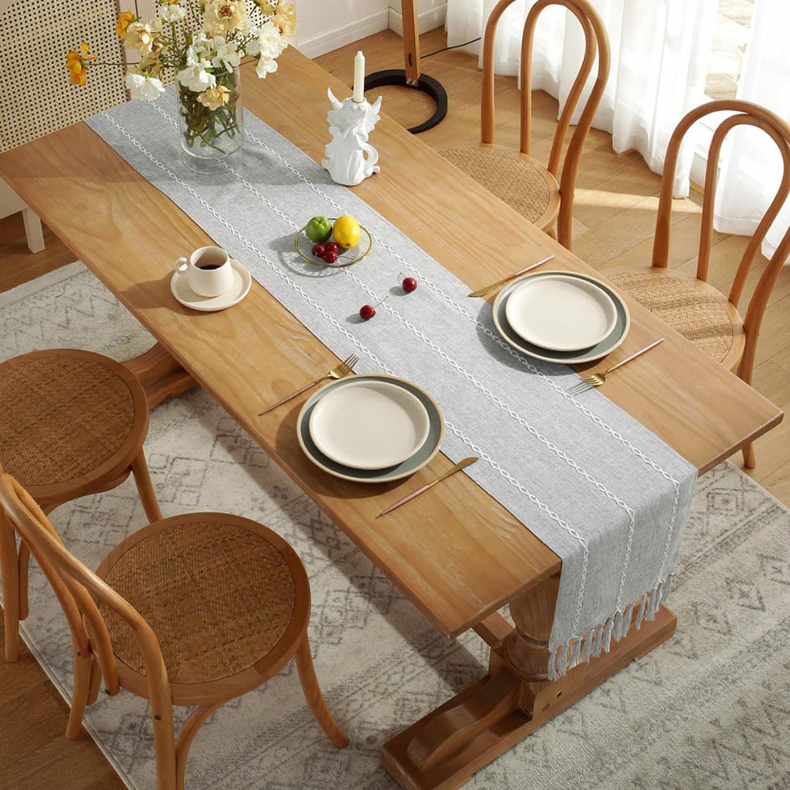 Runner da tavola in cotone e lino con nappe a mano, stile rustico, decorazione per tavolo da cucina, nappa lunga 10 cm, per feste, sala da pranzo, decorazione da tavolo da dessert, adatto per autunno