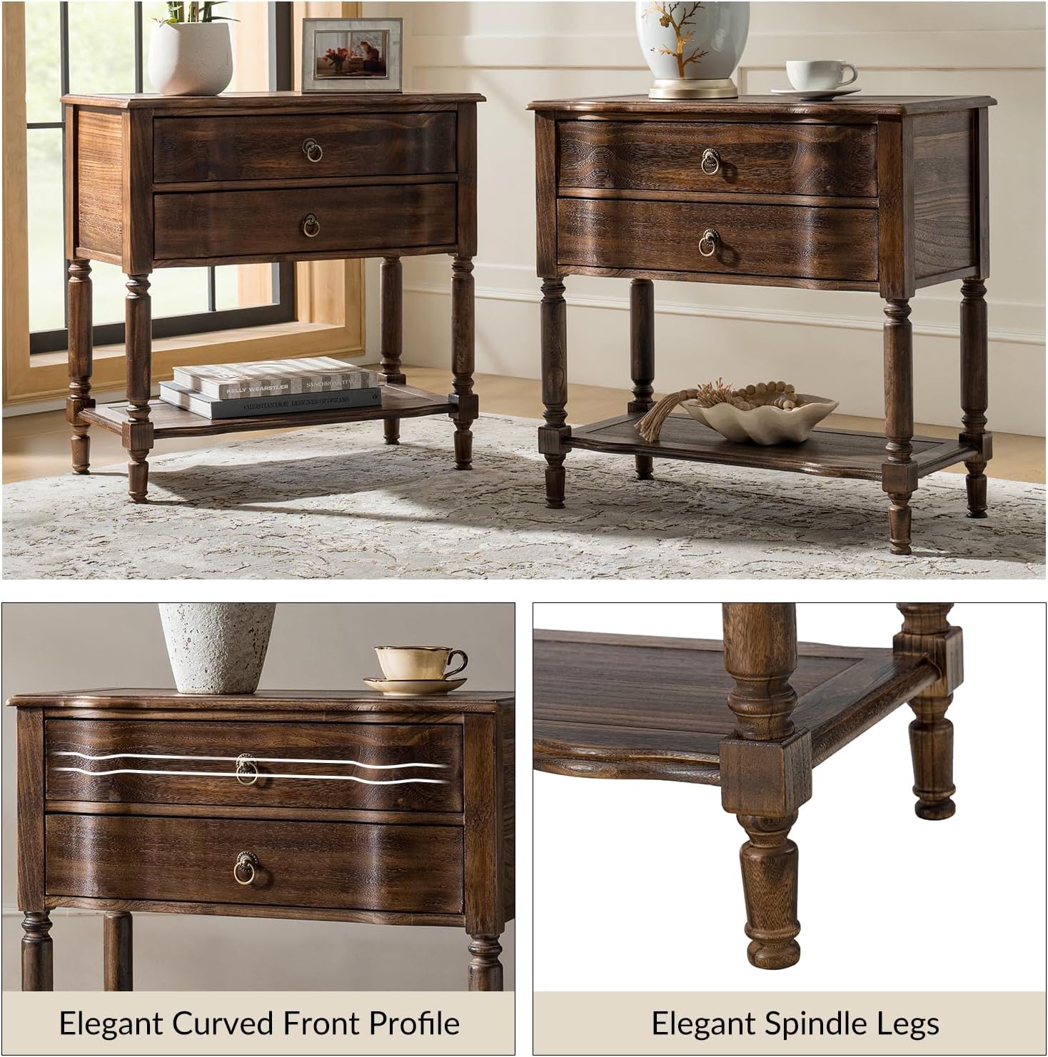 HULALA HOME End Table with Charging Station, Solid Wood Side Table with 2 Drawers & Open Shelf, Vintage Finish, Spindle Legs(Walnut, Set of 2)