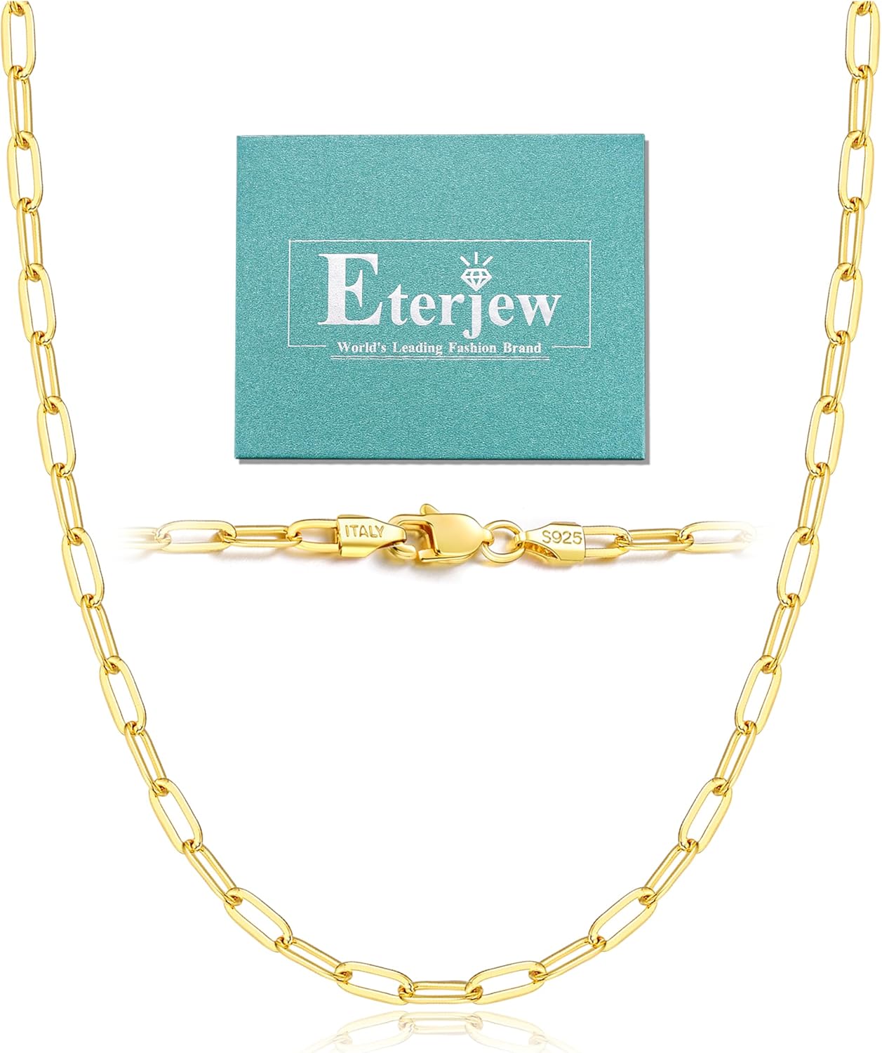 Eterjew 18K Gold Plated and 925 Sterling Silver Paperclip Chain Necklace for Women, 3mm 4mm Women's Chain Necklace, World's Top Craftsmanship Necklace for Women 16 18 20 22 24 26 Inch