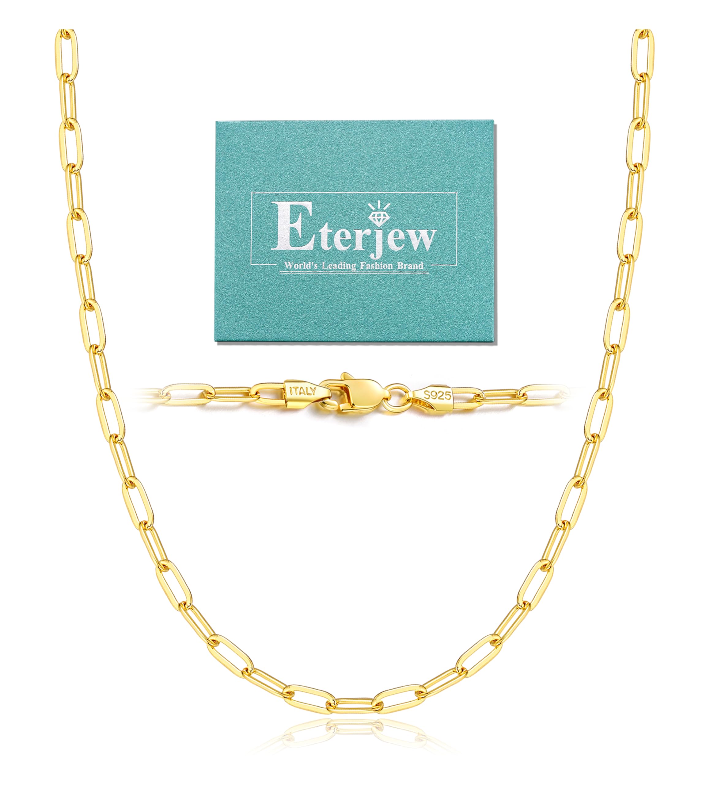 EterjewItaly 3mm Solid 18K Gold Over 925 Sterling Silver Paperclip Chain Necklace for Women Girls, Shiny & Sturdy & Fashion & Comfortable 16 18 20 22 24 26 Inch