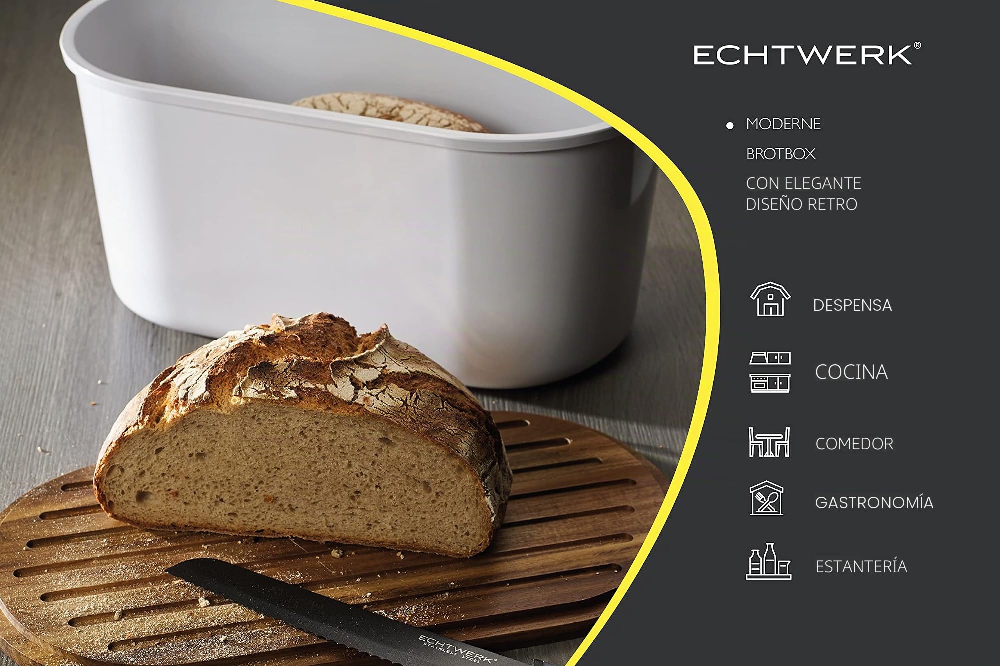 Echtwerk Caja de panera de melamina para Guardar Pan con Tapa de bambú, con Tabla de Cortar integrada, Negro