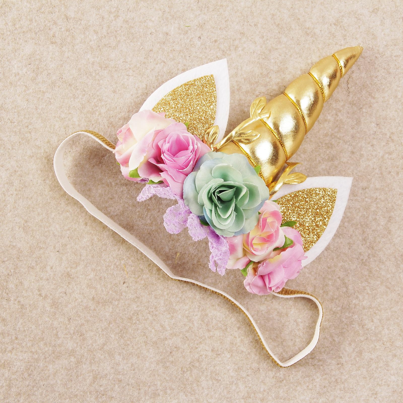 Nishine Roses Floral Unicorn Horn Headband Elastic Baby Girls Unicorn Hairband Party Supplies (Gold&Mint) - Image 4