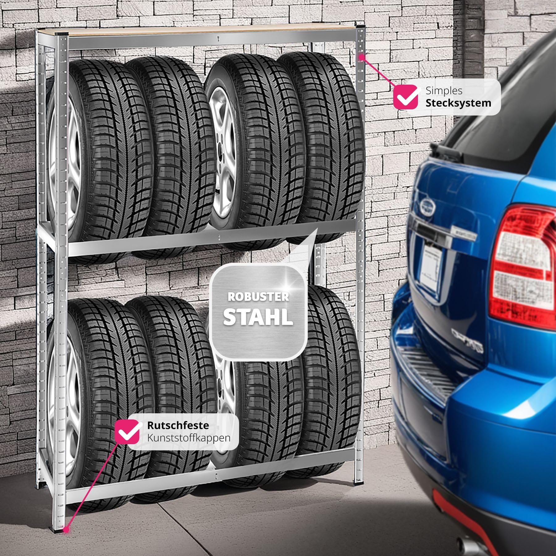tectake® Reifenregal bis zu 8 Reifen aus Metall, Regal für Keller oder Garagen, Werkstatteinrichtung, für Autoreifen Aufbewahrung, Lagerregal 180x120x40cm, Reifenständer, Schwerlastregal, Felgenbaum