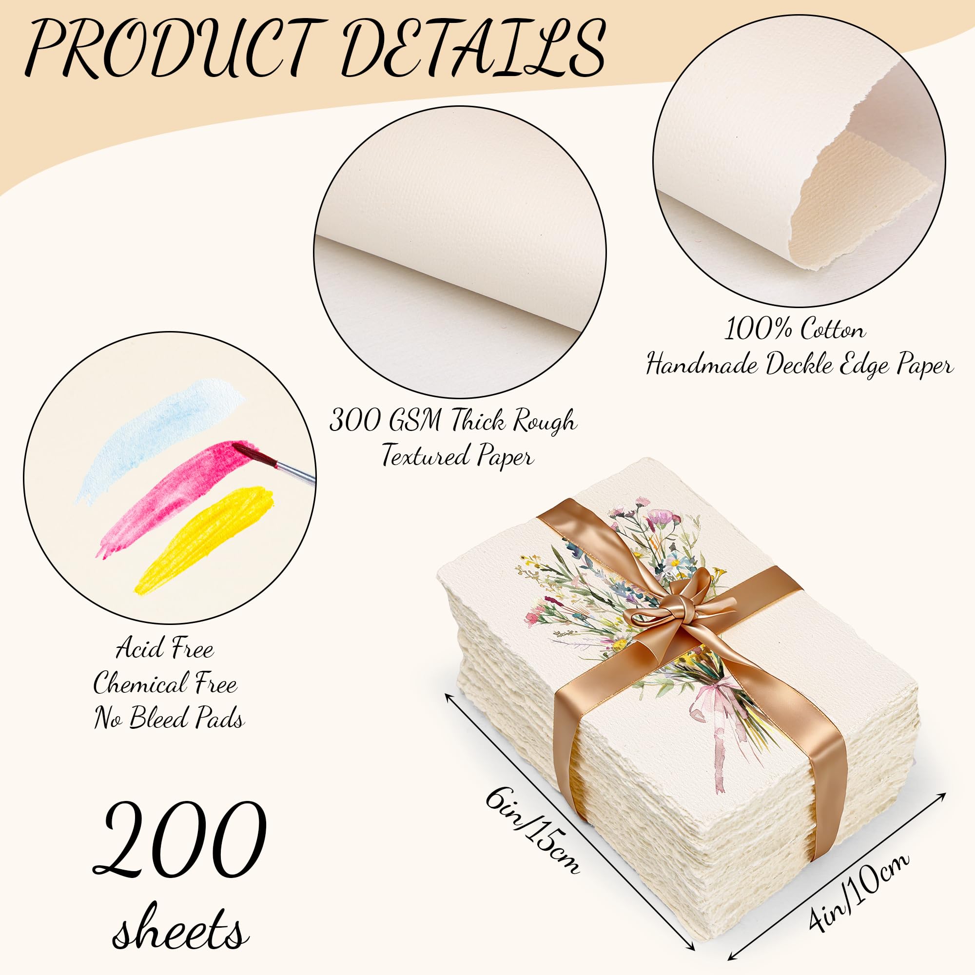 Oleitodh Lot de 200 feuilles de papier aquarelle en coton 10,2 x 15,2 cm, 63,5 kg/300 g/m², papier cartonné texturé à bords superposés pour aquarelle, invitations de mariage, cartes, travaux manuels