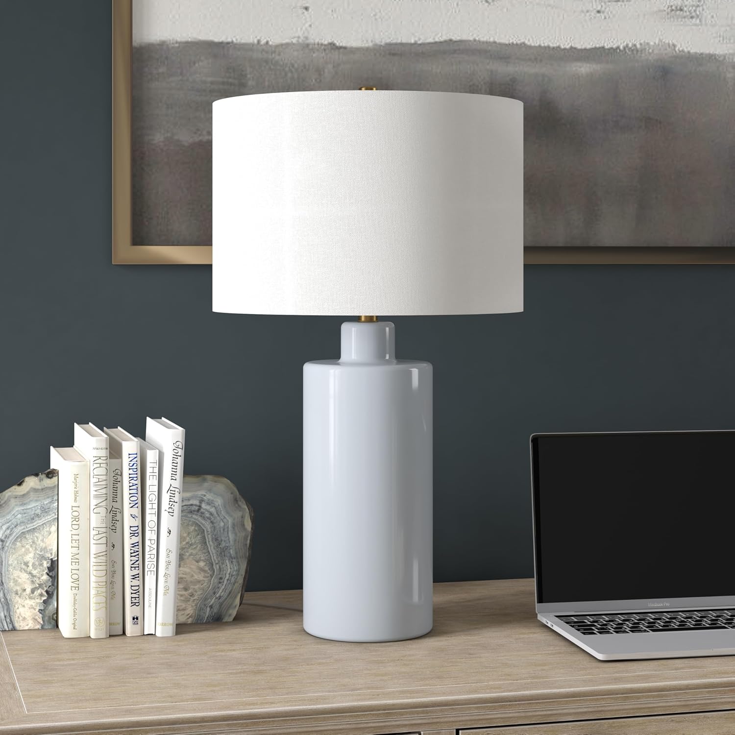 Henn&Hart 25" Modern 1-Light Table Lamp with White Fabric Drum Shade for Living Room, Bedroom, or Office, Powder Blue